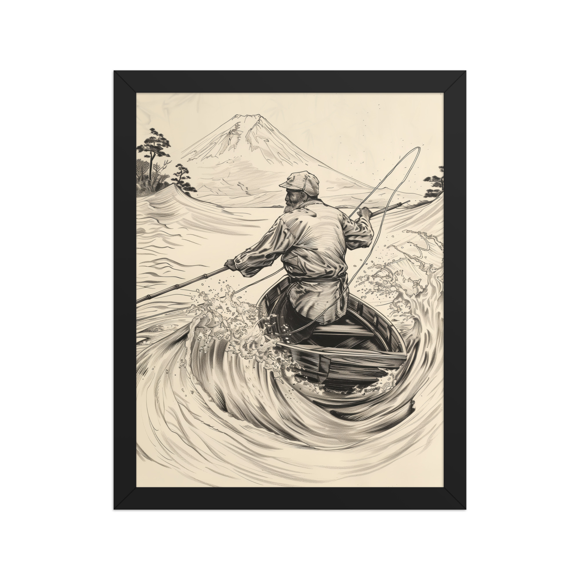 Fisherman of Mount Fuji — Japanese Woodblock Style Wall Art — Framed Poster - Image 3