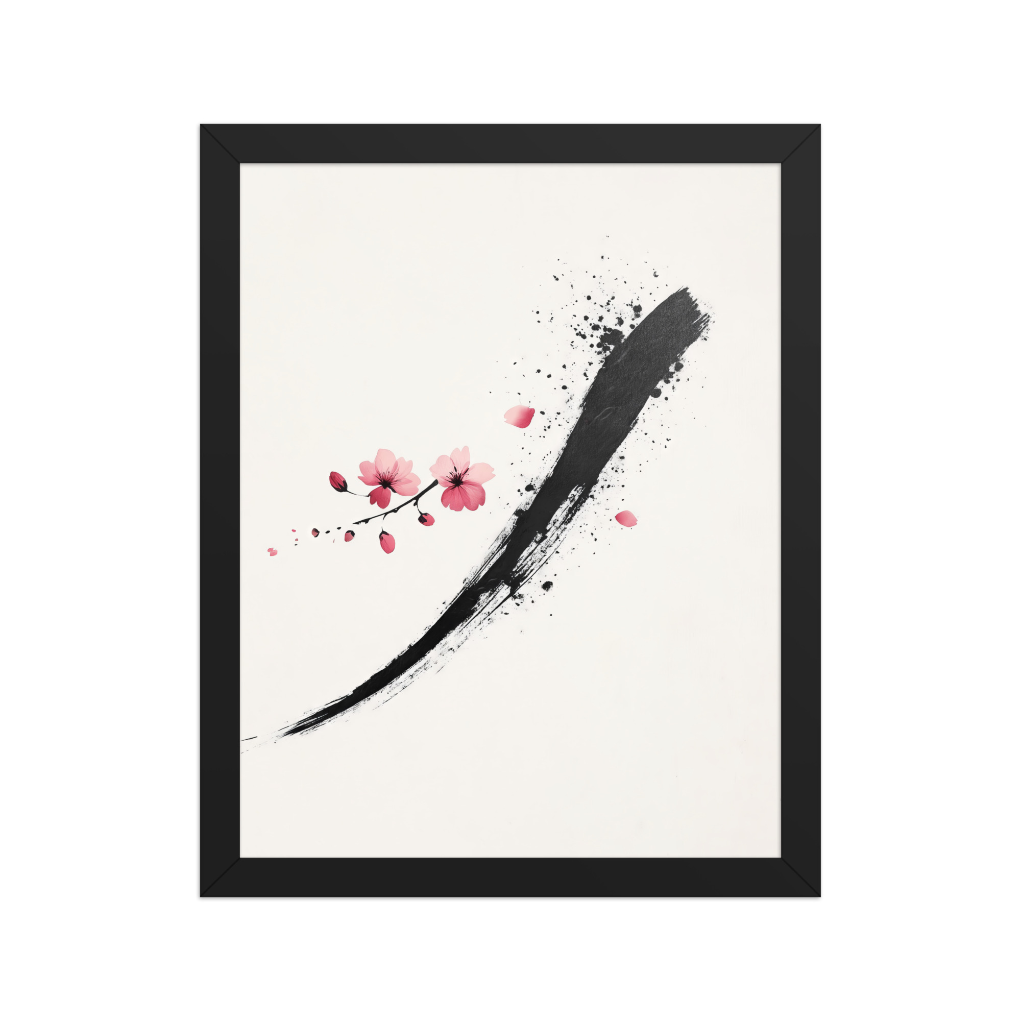 Zen Blossom Stroke — Minimal Cherry Blossom Sumi-e Brush Wall Art — Framed Poster - Image 2