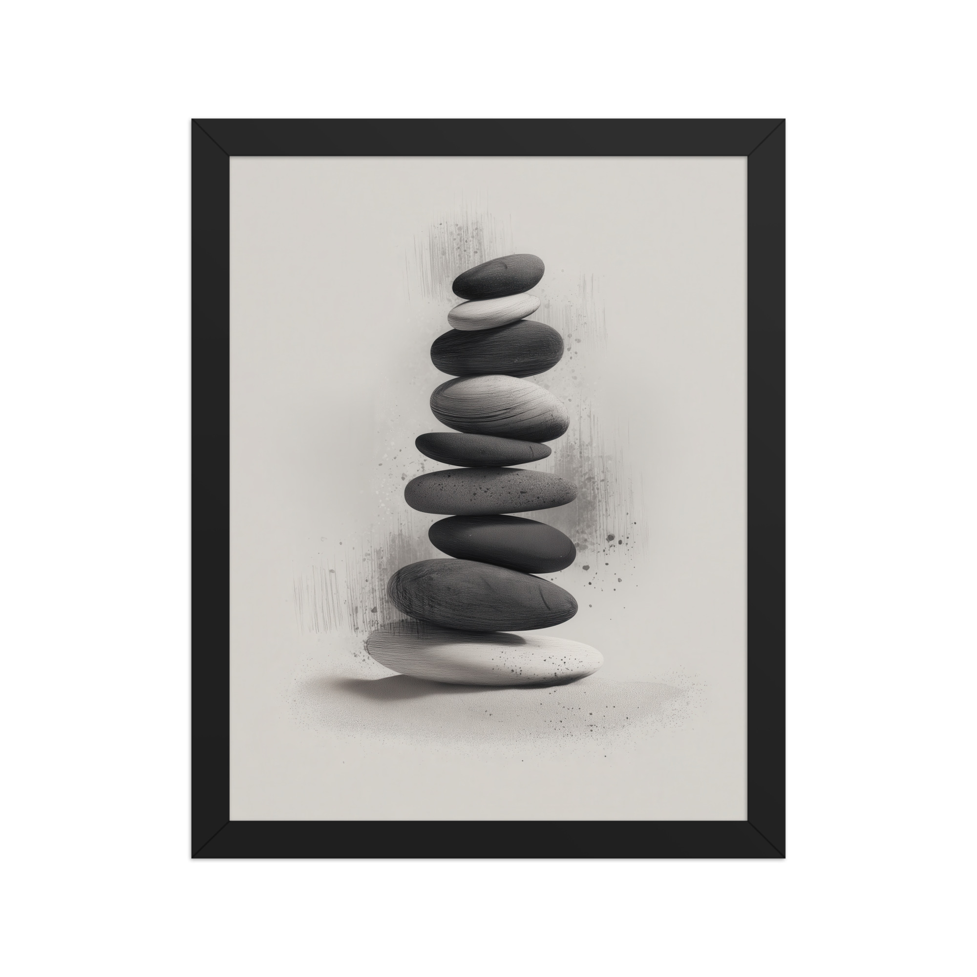 Balanced Stillness – Stacked Stones II Modern Monochrome Zen Wall Art – Framed Poster - Image 3