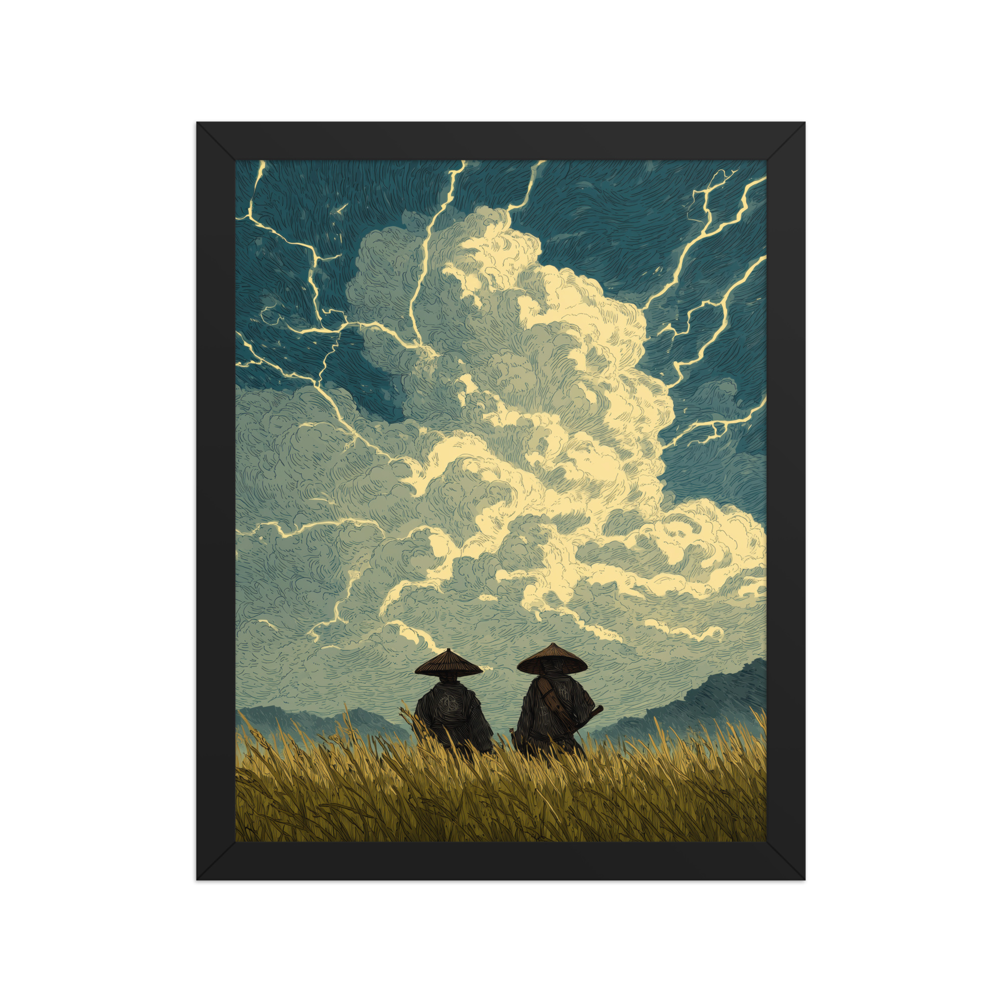 Before the Storm – Ukiyo-e Samurai Watchers Landscape Wall Art – Framed Poster - Image 3