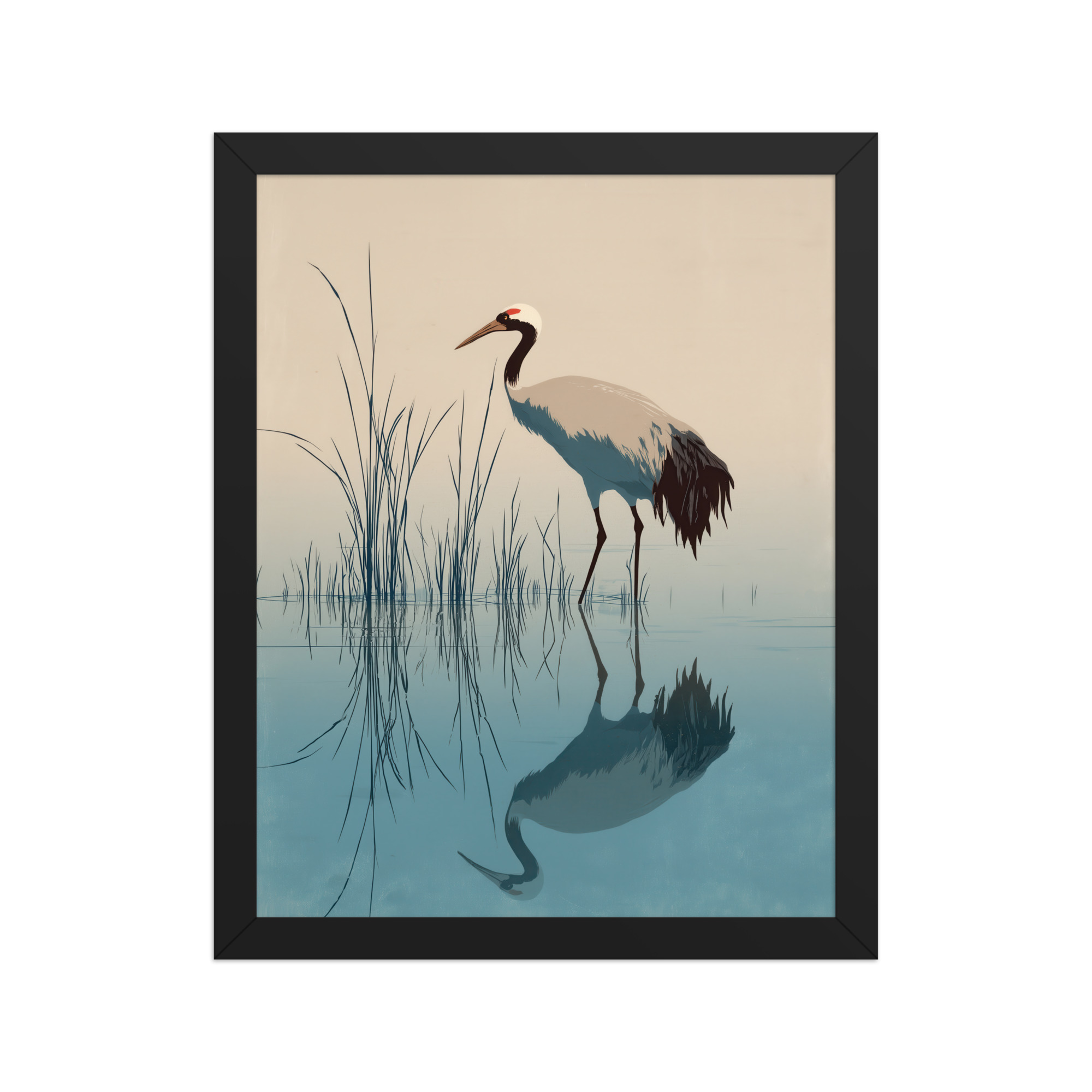 Crane and Reflection Stillness – Minimal Ukiyo-e Bird Wall Art – Framed Poster - Image 3