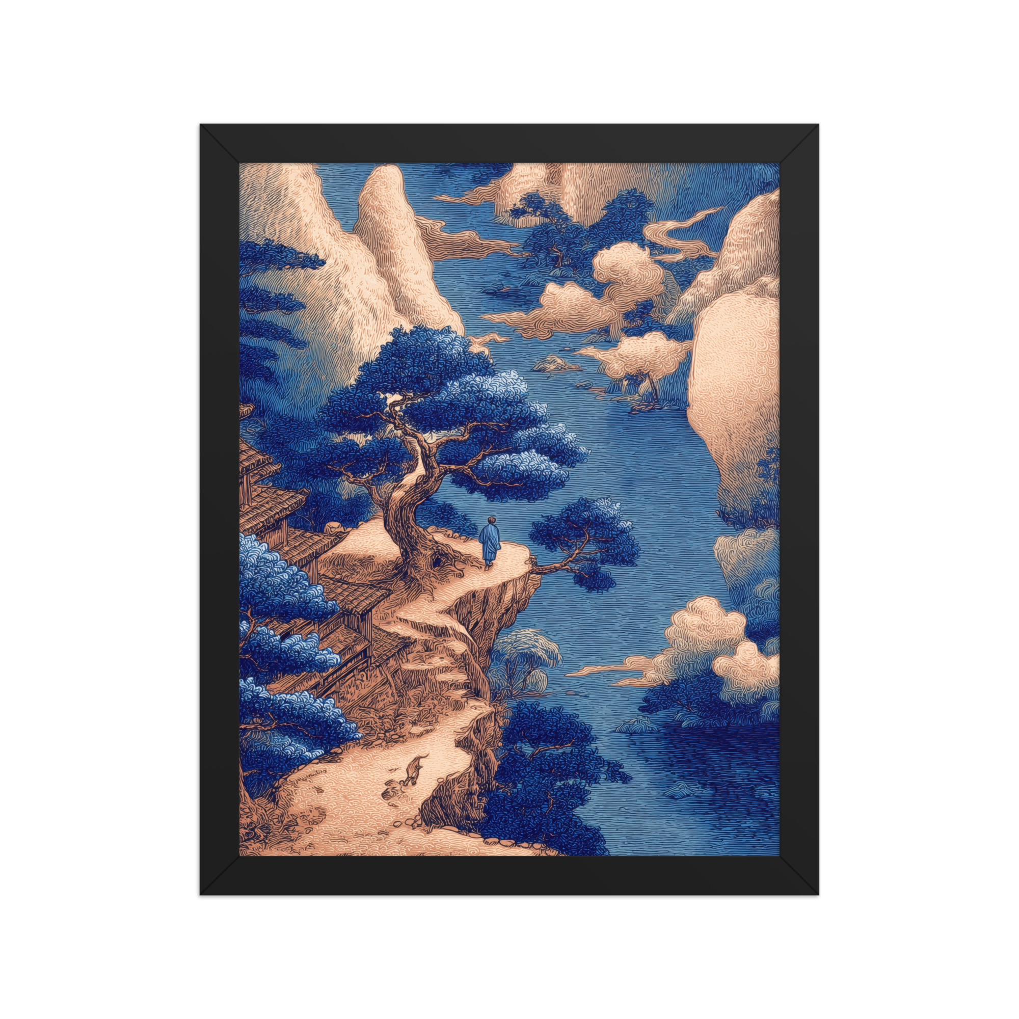 Cliffside Temple View – Blue Ukiyo-e Landscape Wall Art – Framed Poster - Image 3