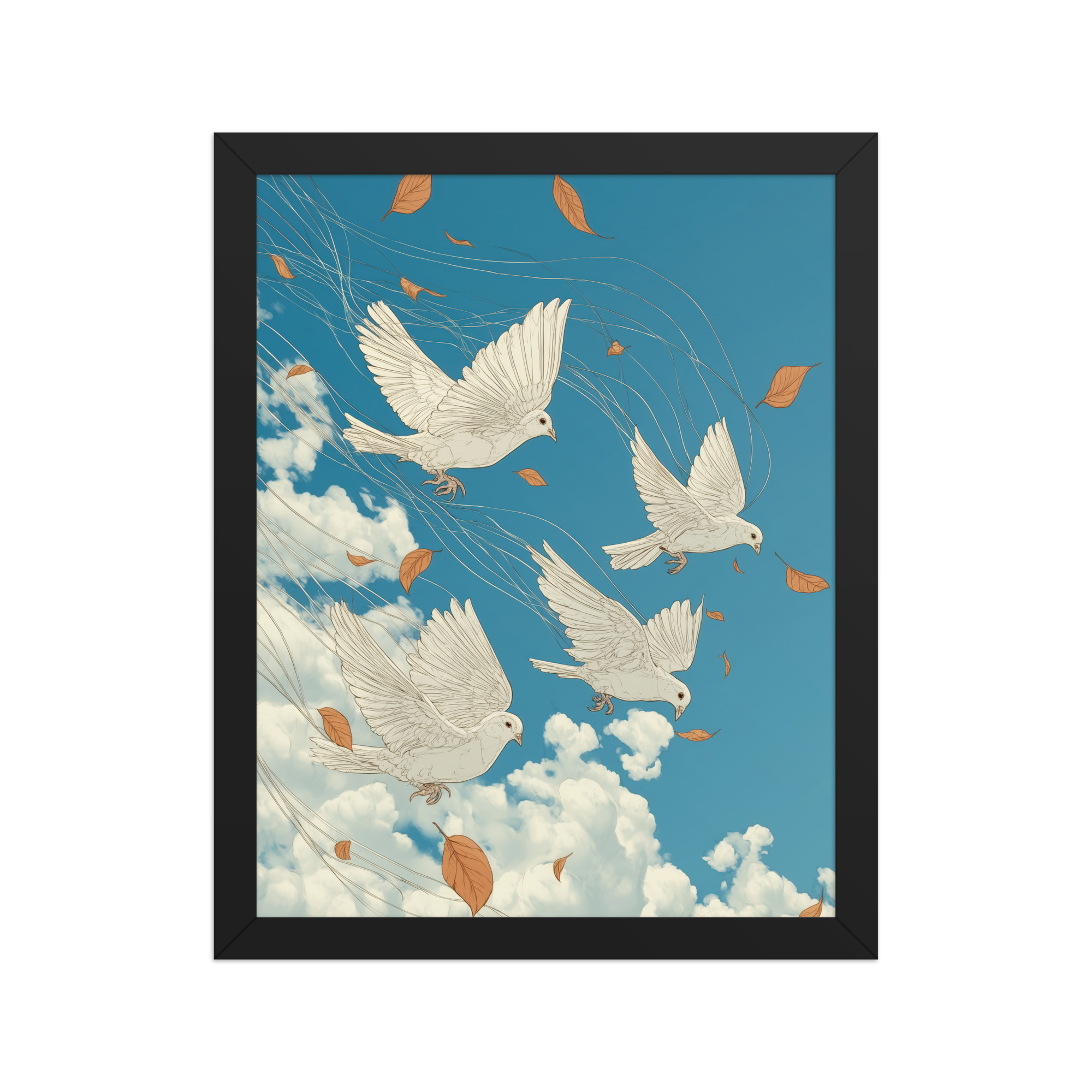 White Doves in Wind (Hokusai) – Autumn Leaves in Flight Ukiyo-e Wall Decor – Framed Poster - Image 2