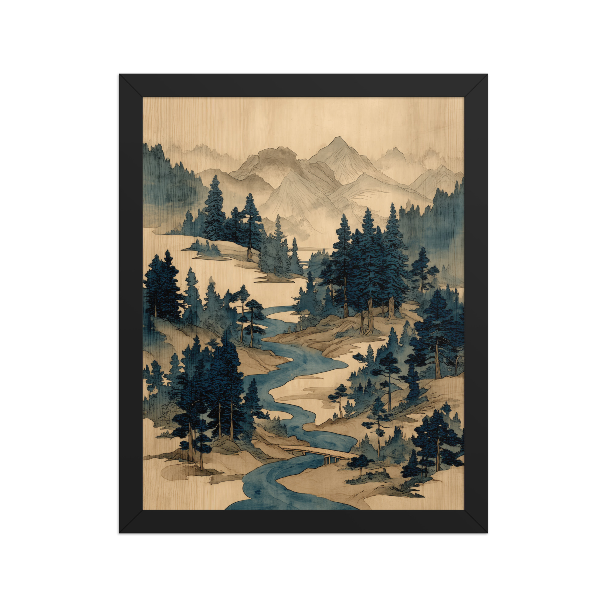 Winding River Pines – Ukiyo-e Mountain Stream Landscape Wall Art – Framed Poster - Image 3