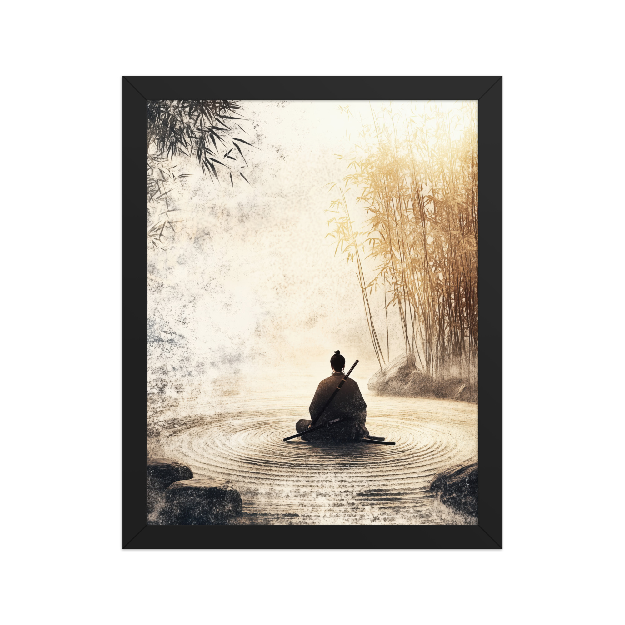 Zen Samurai in Bamboo Light – Neutral Sumi-e Ink Samurai Meditation Wall Art – Framed Poster - Image 2