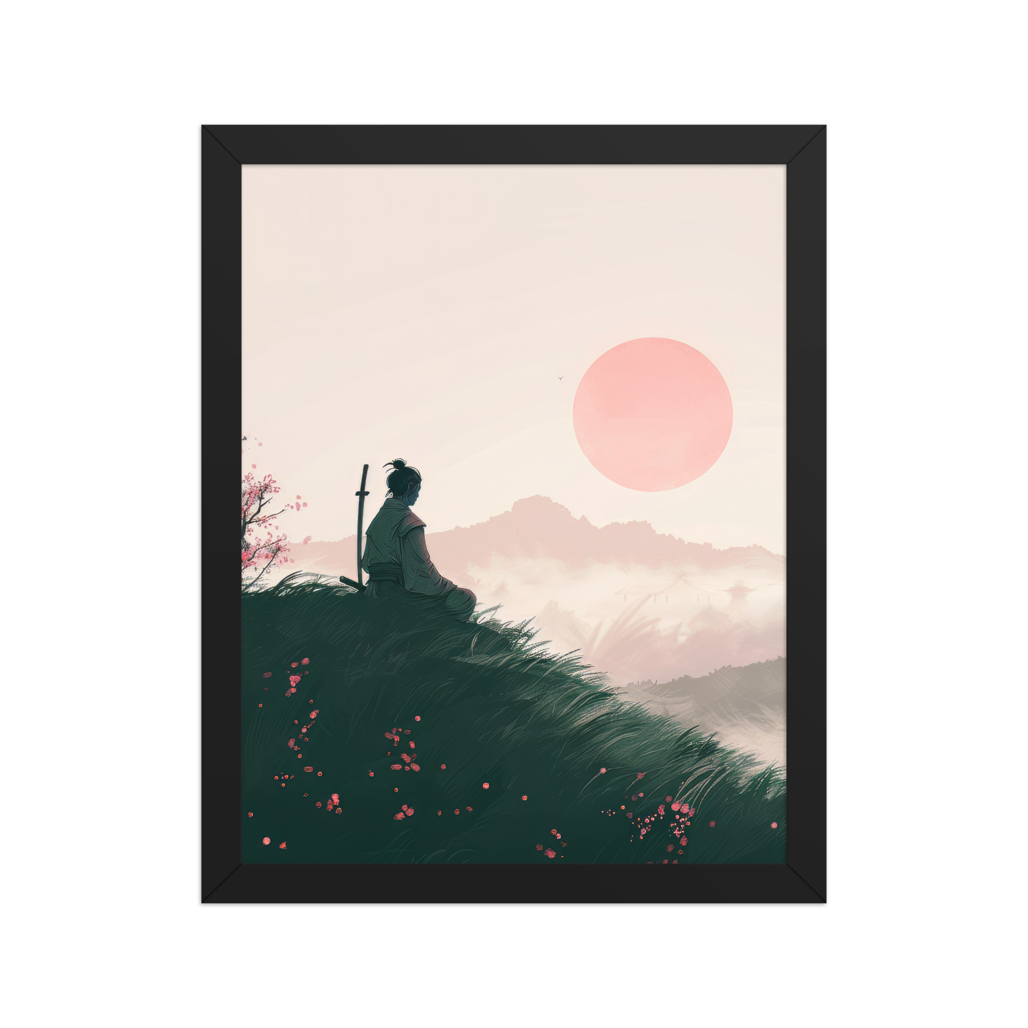 Samurai at Dawn – Pink Sun Over Hills Quiet Strength at Daybreak Wall Decor – Framed Poster - Image 3