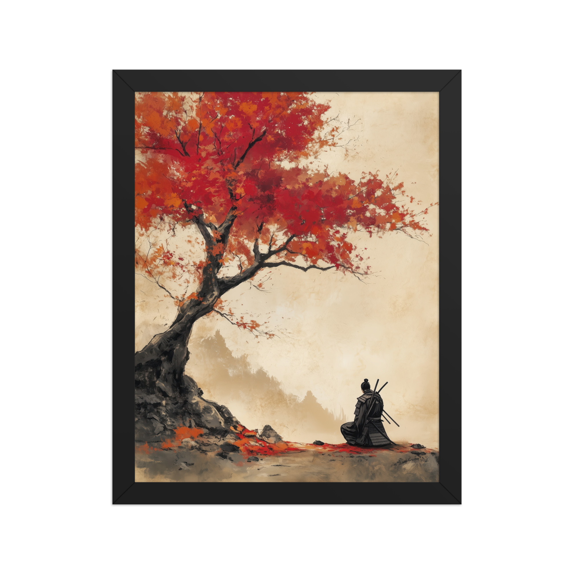 Autumn Warrior – Samurai Beneath Crimson Maple Leaves Wall Decor – Framed Poster - Image 2