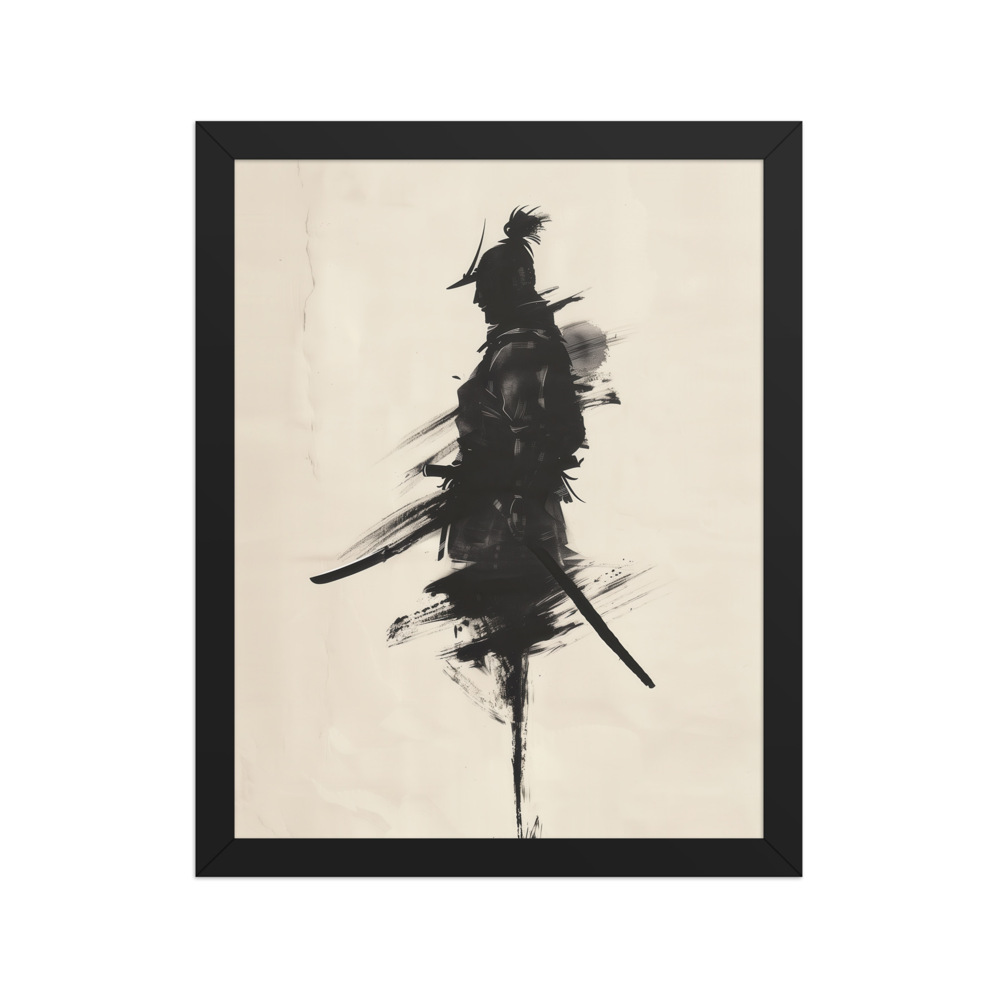 Shadowed Warrior – Sumi-e Silhouette of a Lone Samurai Wall Decor – Framed Poster - Image 3
