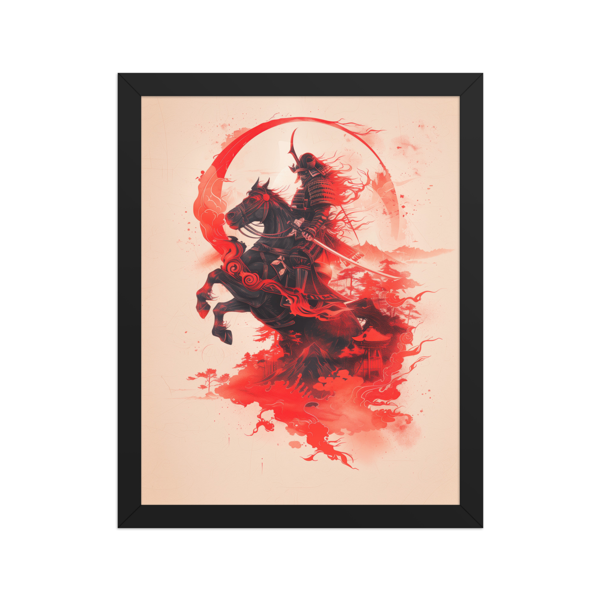 Crimson Charge – Samurai on Horseback Flaming Arc of Courage Wall Art – Framed Poster - Image 2