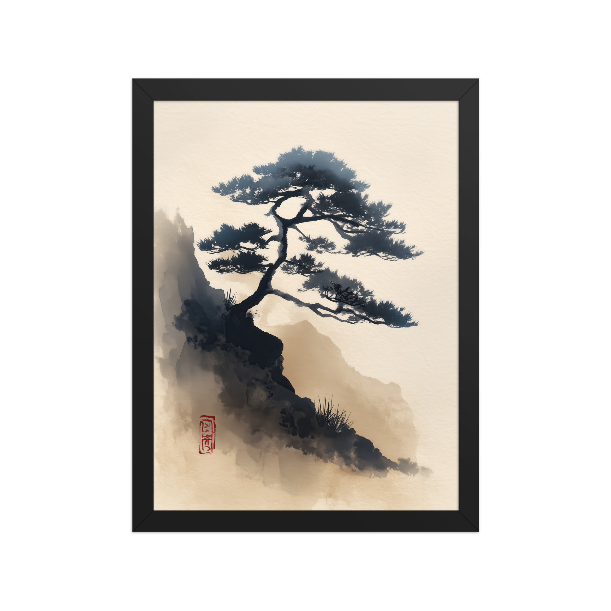 Mountain Pine in Soft Ink — Sumi-e Japanese Landscape Wall Decor — Framed Poster - Image 3