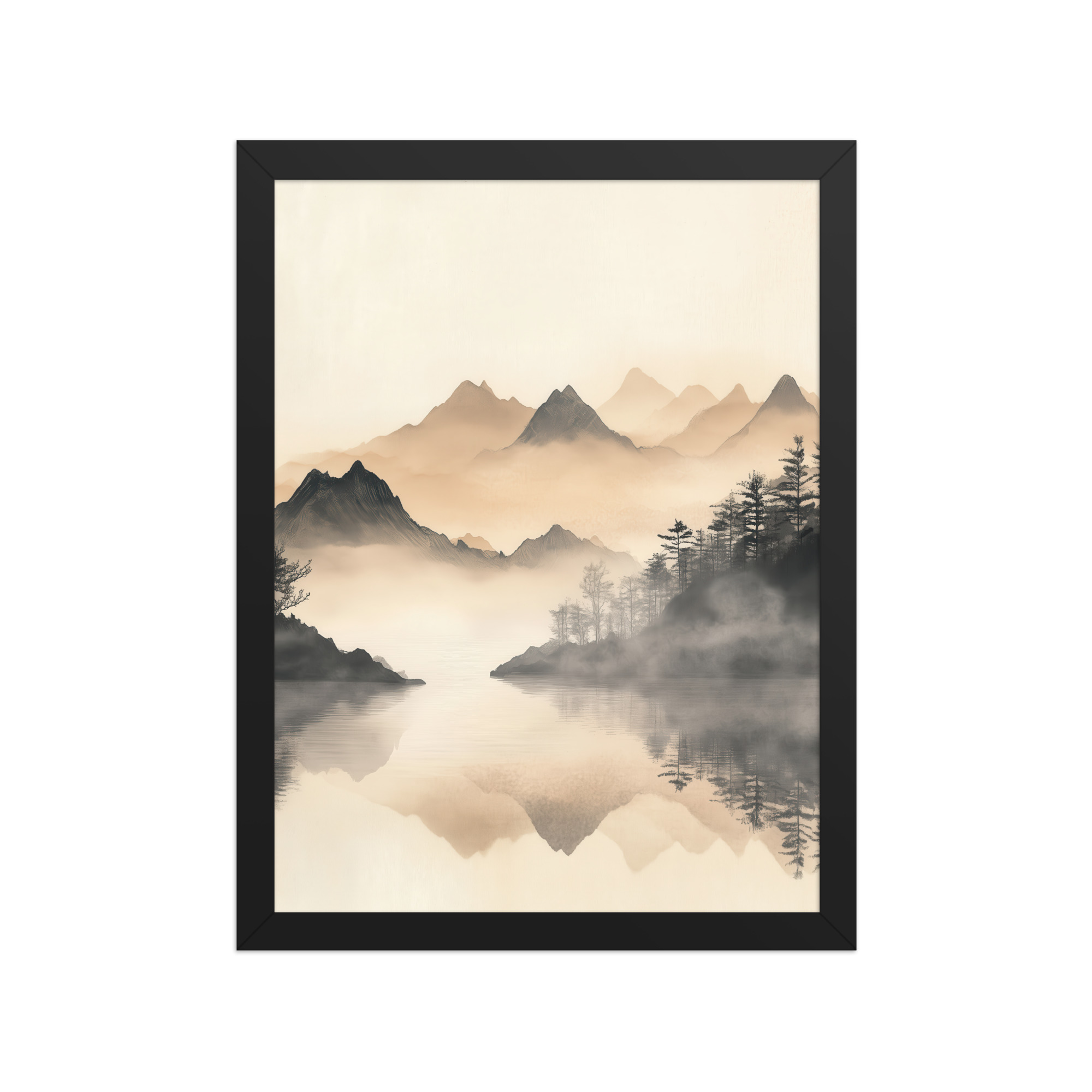 Misty Mountain Reflection — Japandi Lake Landscape Wall Decor — Framed Poster - Image 3