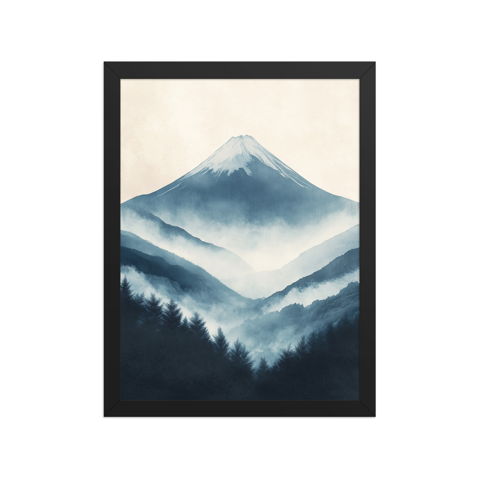 Misty Peaks — Indigo Japandi Mountain Wall Art — Framed Poster - Image 3