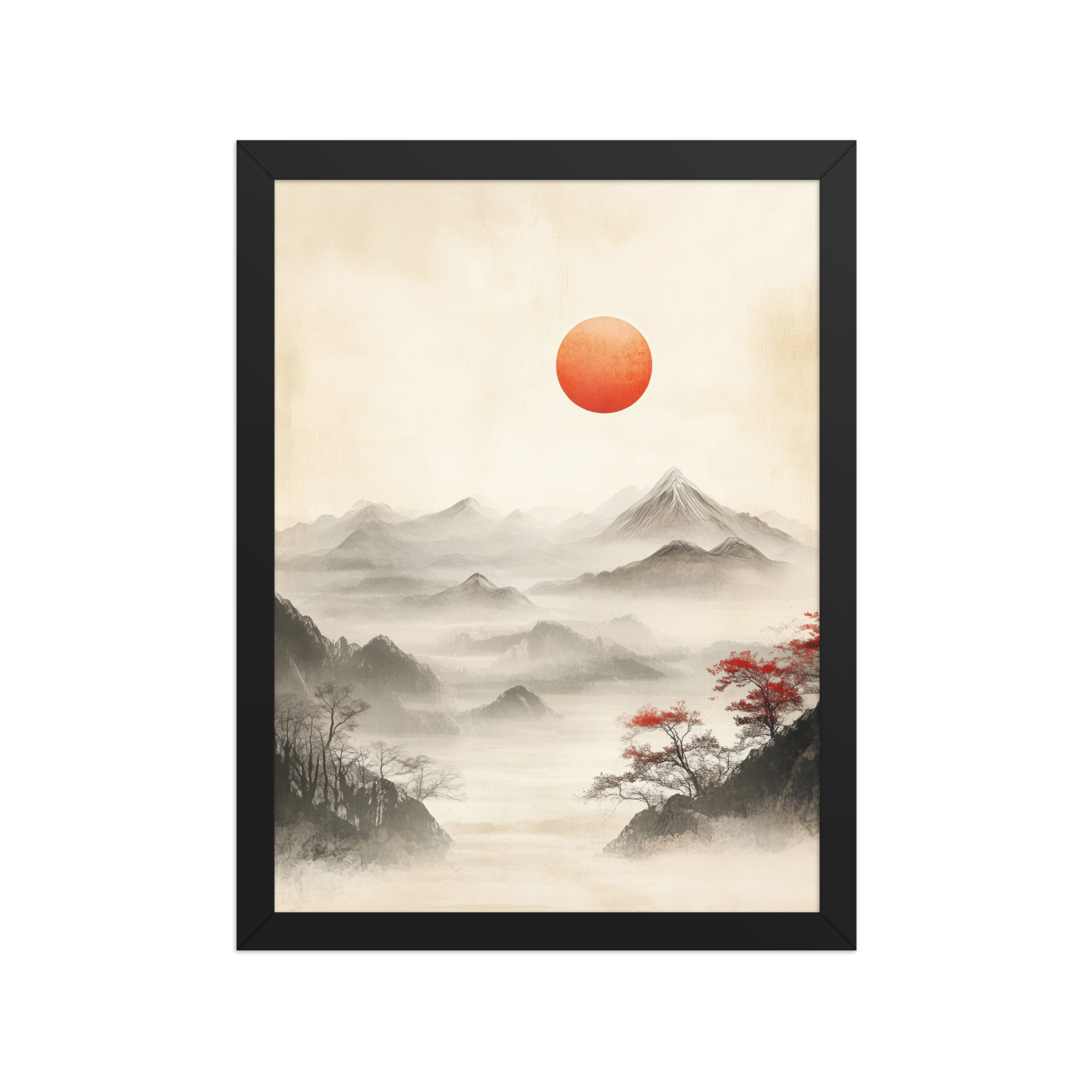 Red Sun Over Silent Peaks — Misty Ink Mountain Landscape Wall Art — Framed Poster - Image 3
