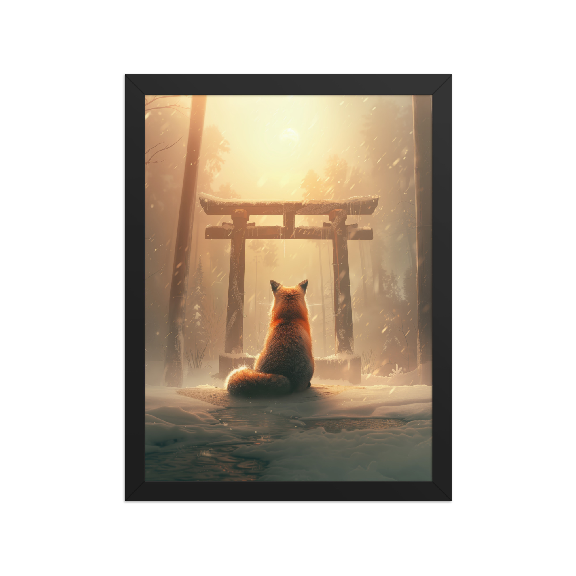 Fox Spirit at Torii — Cinematic Fox in Snowy Shrine Light Wall Decor — Framed Poster - Image 4