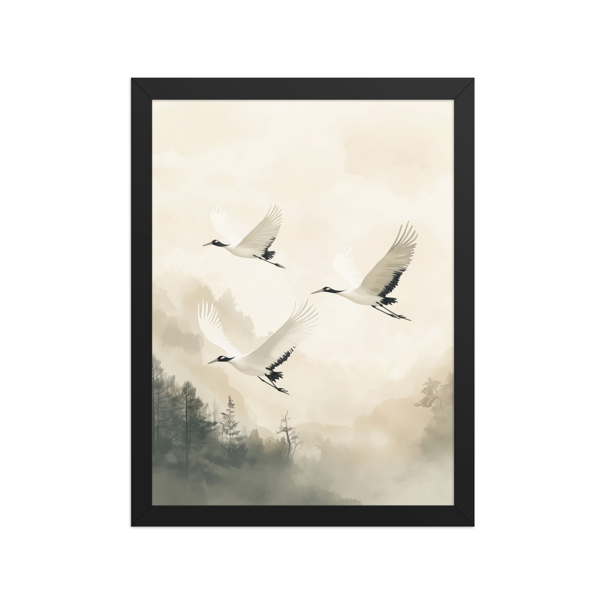 Cranes of Serenity — Misty Forest Flight Bird Wall Art — Framed Poster - Image 3