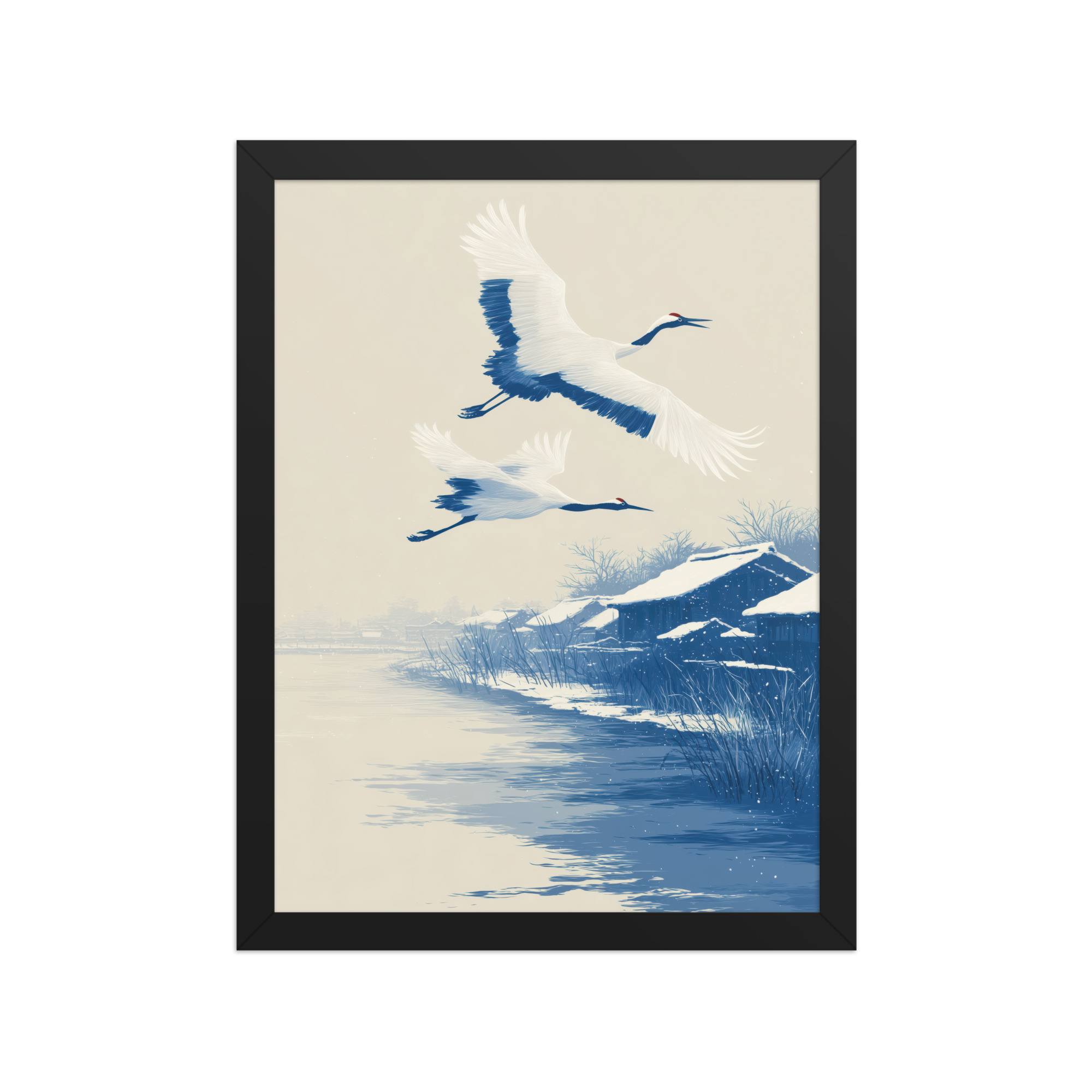 Cranes in Winter Sky — Ukiyo-e Birds over Snowy River Village Wall Art — Framed Poster - Image 2