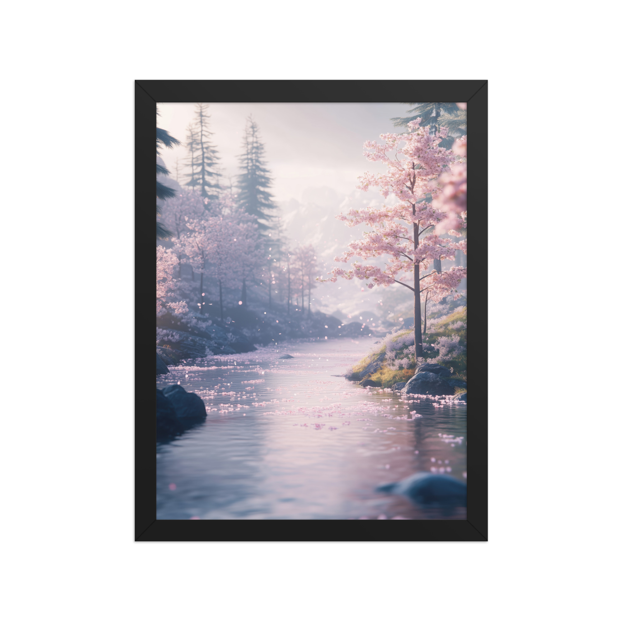Nordic River Flow — Cherry Blossom Landscape Wall Decor — Framed Poster - Image 3