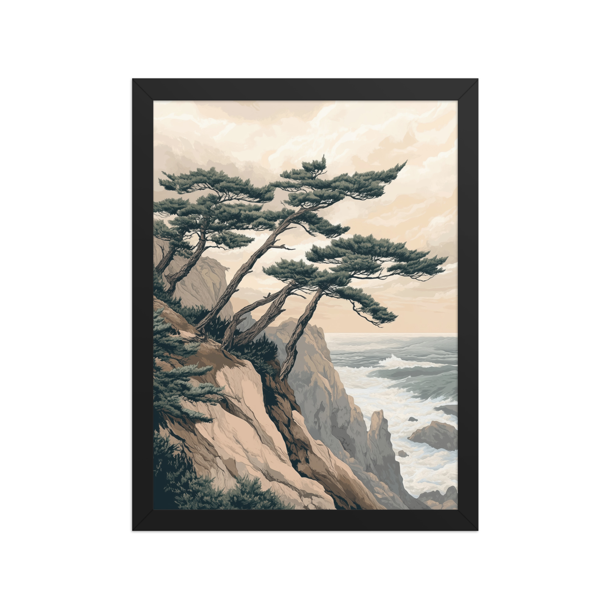 Windswept Pines by the Coast — Japanese Coastal Landscape Wall Decor — Framed Poster - Image 2