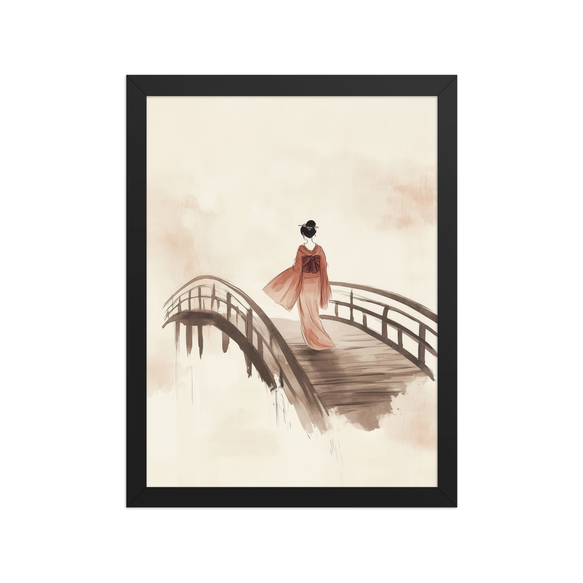 Geisha Bridge — Watercolor Japanese Bridge Wall Art — Framed Poster - Image 2