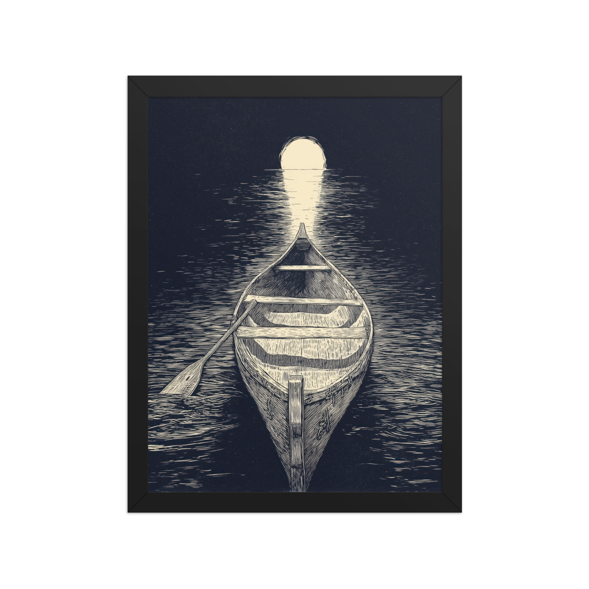 Moonlit Canoe — Woodcut Night Lake Wall Art — Framed Poster - Image 3