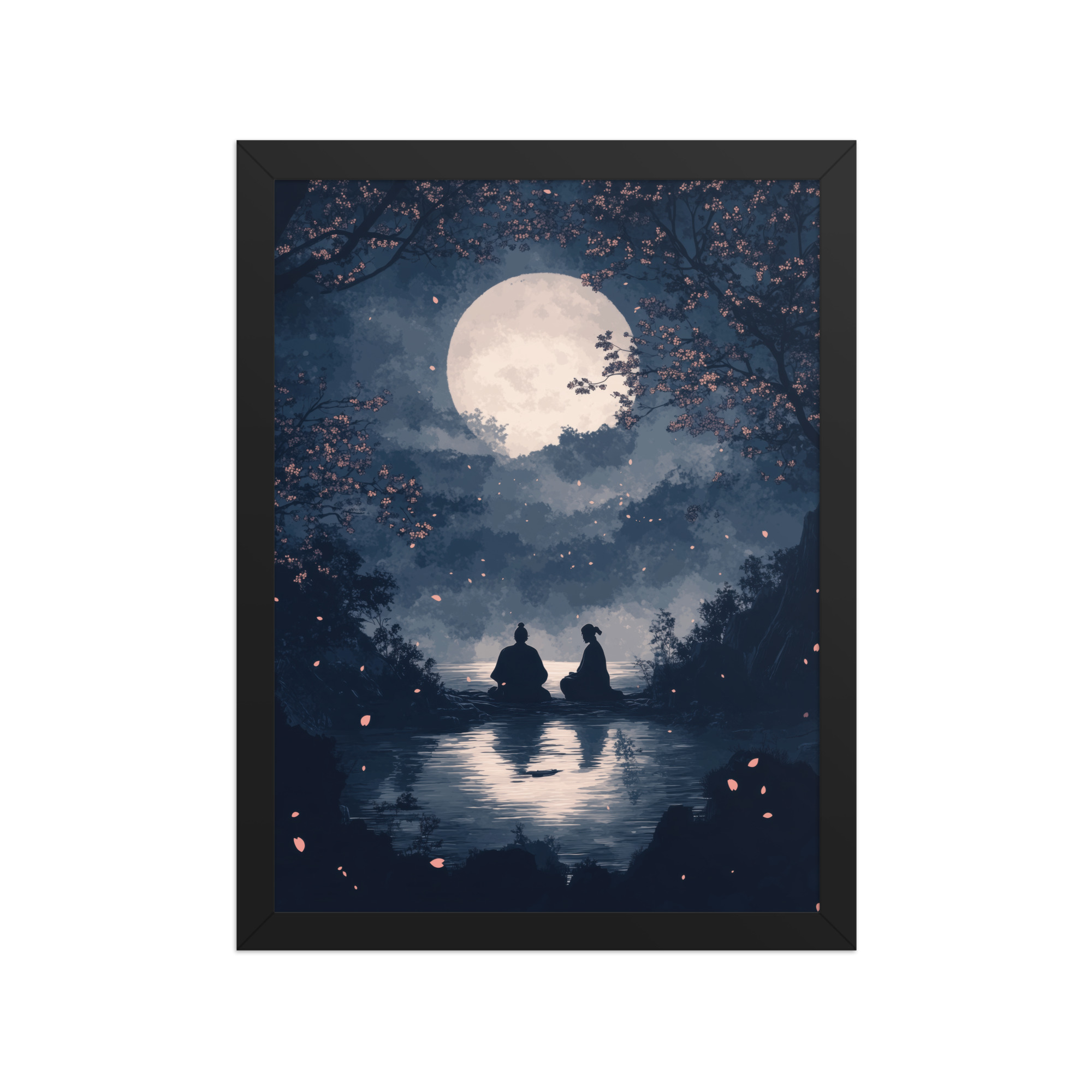 Midnight Reflections — Moonlit Lake Sakura Wall Art — Framed Poster - Image 3