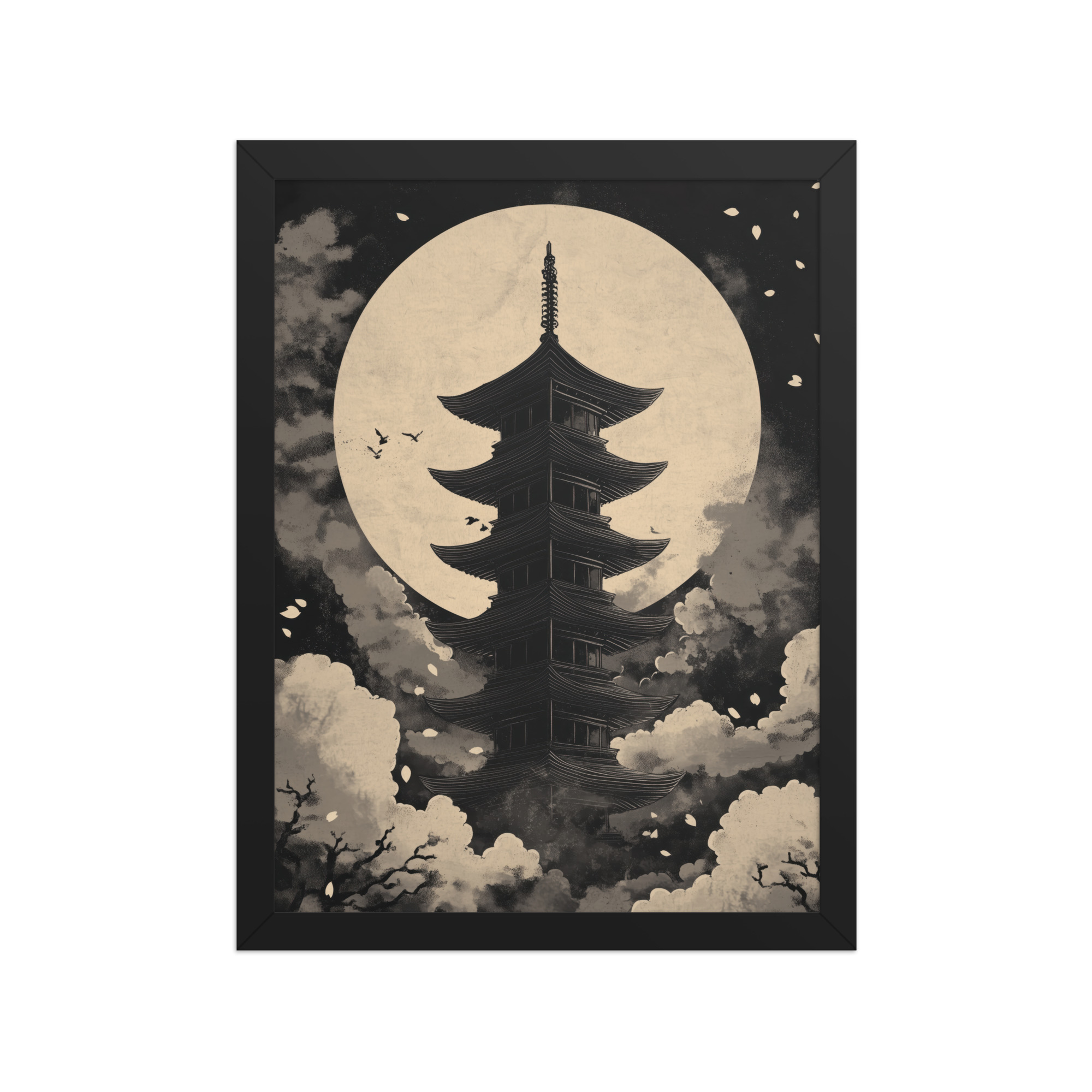 Moonlit Zen Pagoda — Monochrome Pagoda, Japanese Night Wall Art — Framed Poster - Image 2