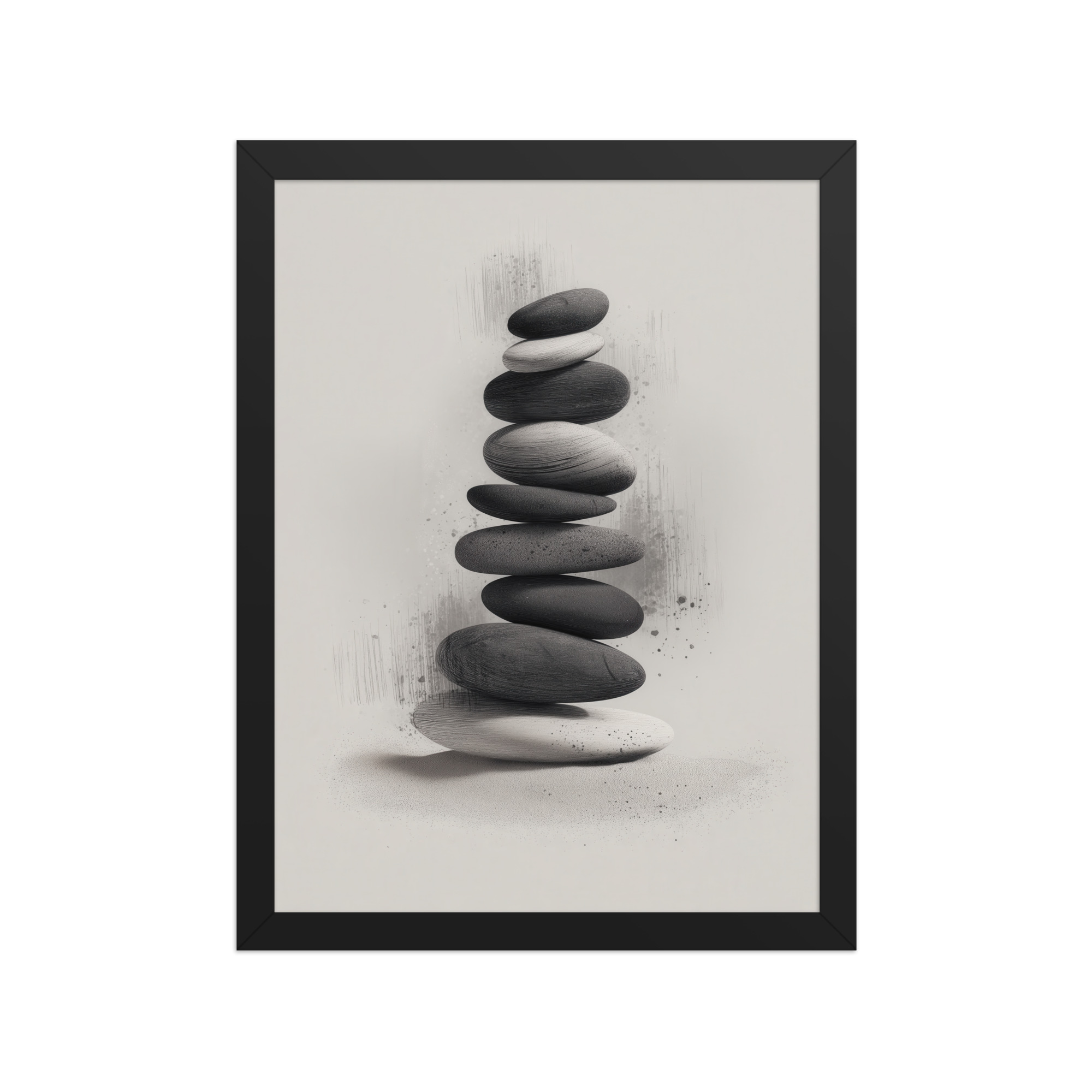 Balanced Stillness – Stacked Stones II Modern Monochrome Zen Wall Art – Framed Poster - Image 4