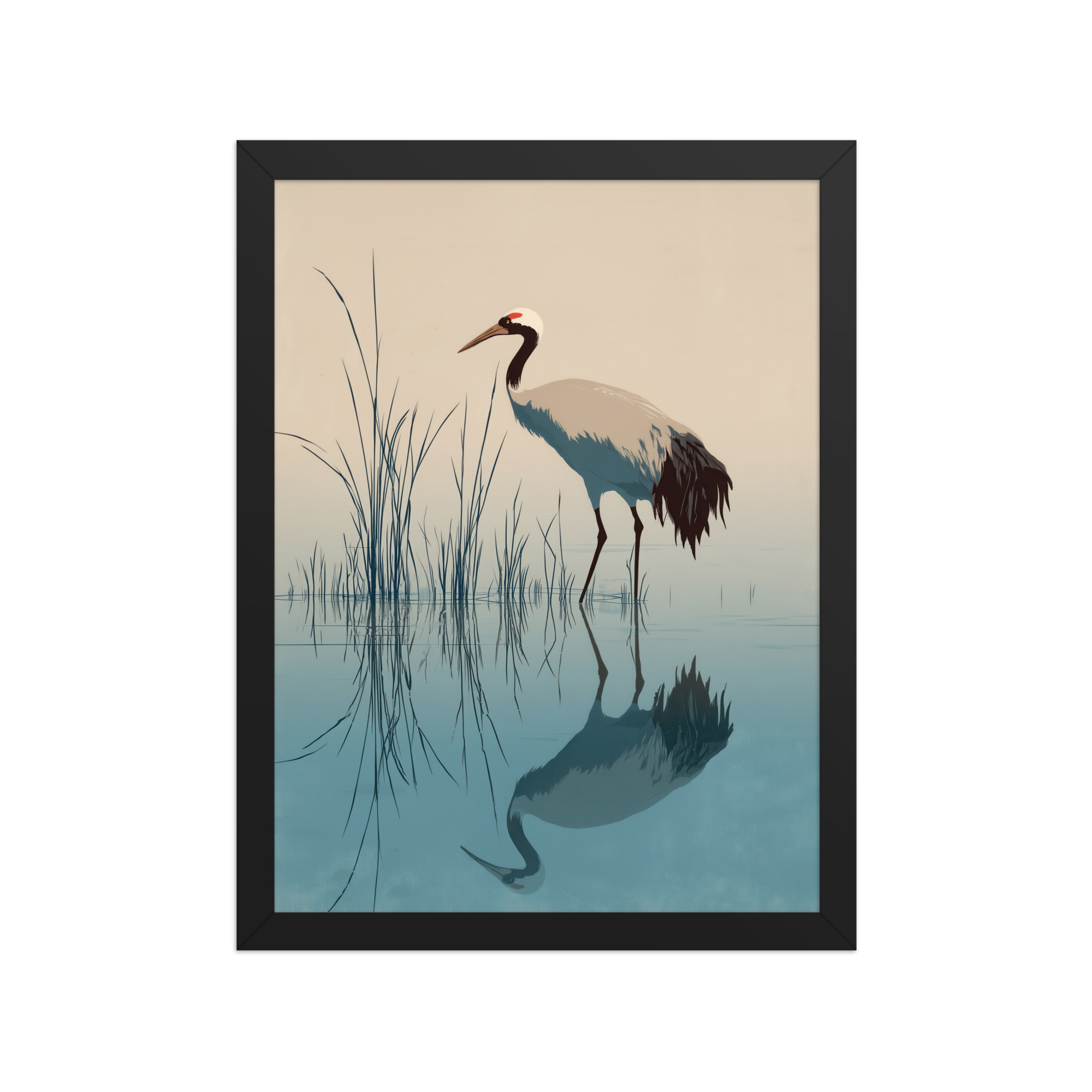 Crane and Reflection Stillness – Minimal Ukiyo-e Bird Wall Art – Framed Poster - Image 4
