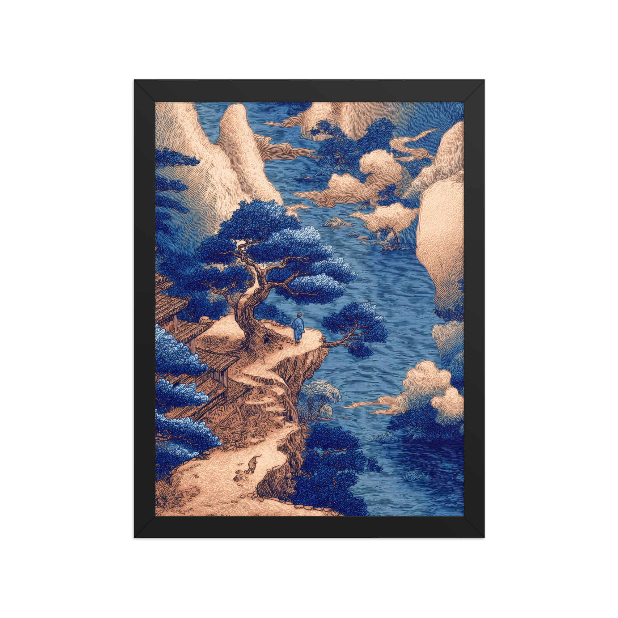 Cliffside Temple View – Blue Ukiyo-e Landscape Wall Art – Framed Poster - Image 4