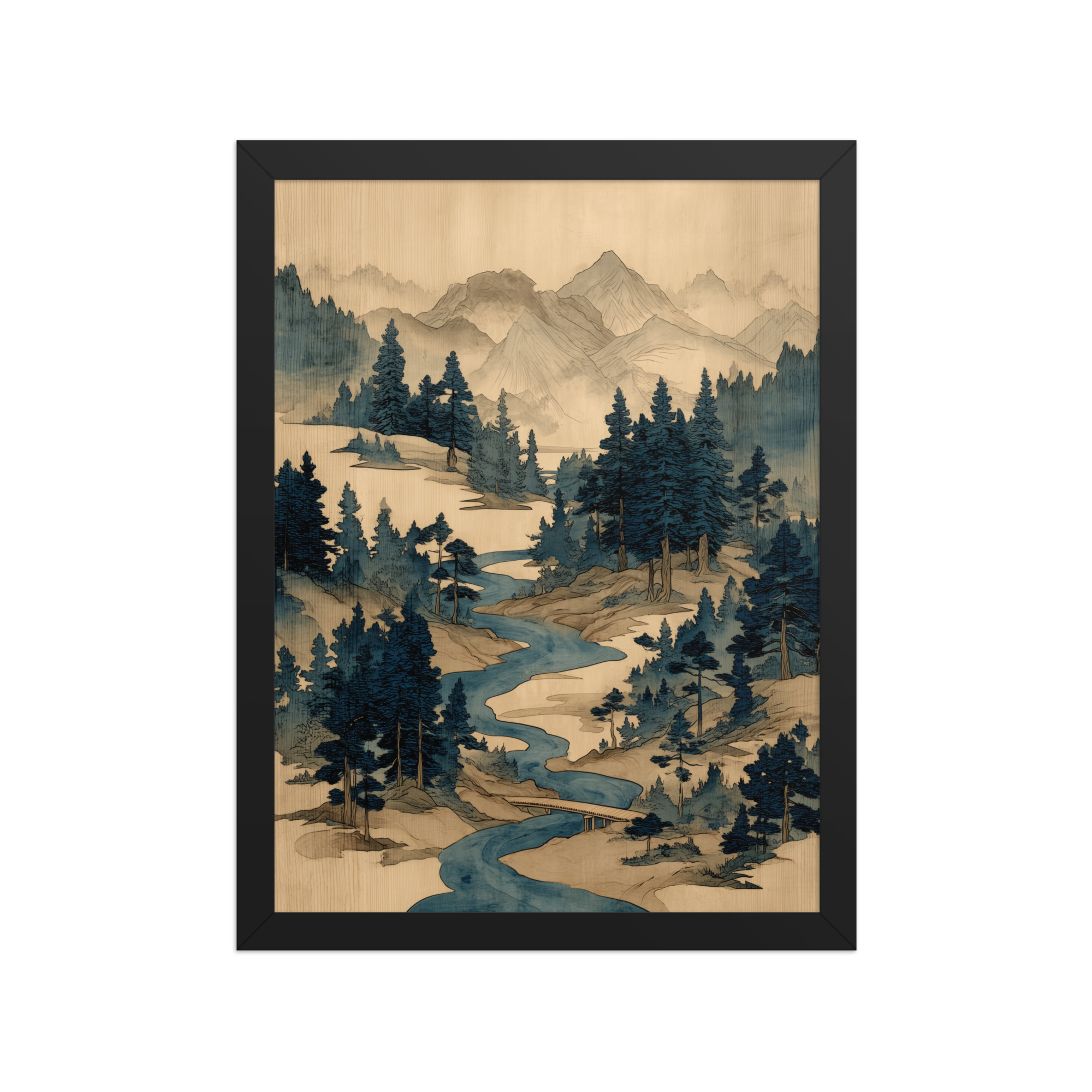 Winding River Pines – Ukiyo-e Mountain Stream Landscape Wall Art – Framed Poster - Image 4