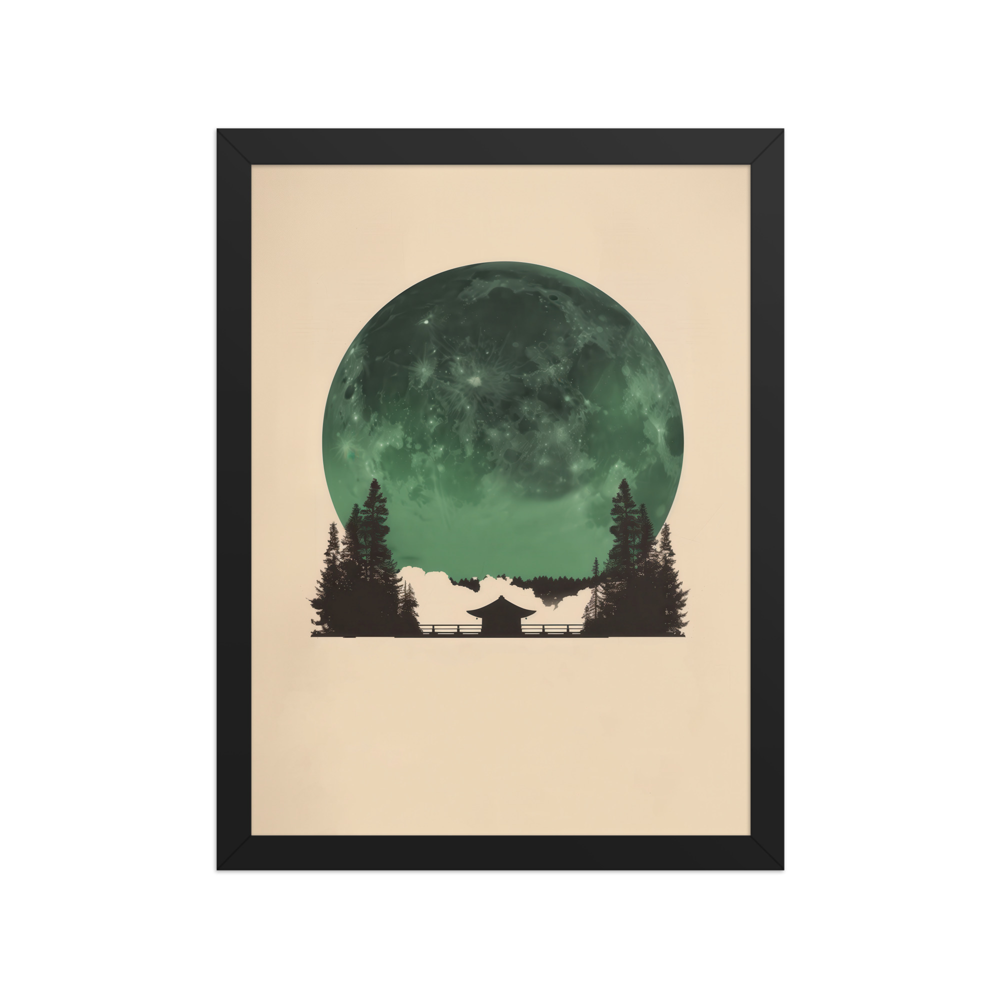Emerald Moon Temple — Japandi Silhouette Wall Art — Framed Poster - Image 4