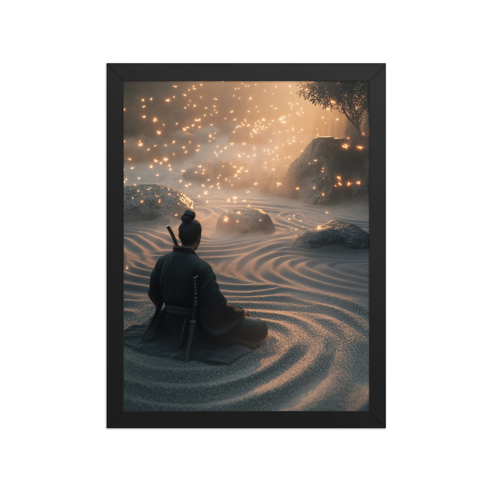 Zen Samurai – Fireflies in Zen Garden Japandi Samurai Wall Art – Framed Poster - Image 3