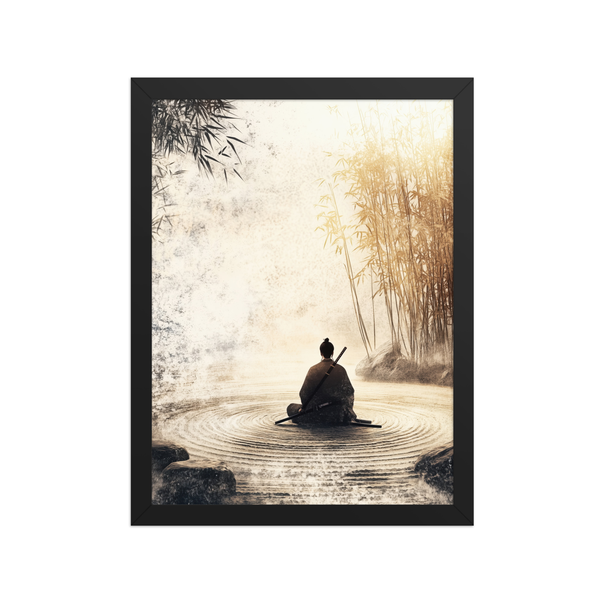 Zen Samurai in Bamboo Light – Neutral Sumi-e Ink Samurai Meditation Wall Art – Framed Poster - Image 3