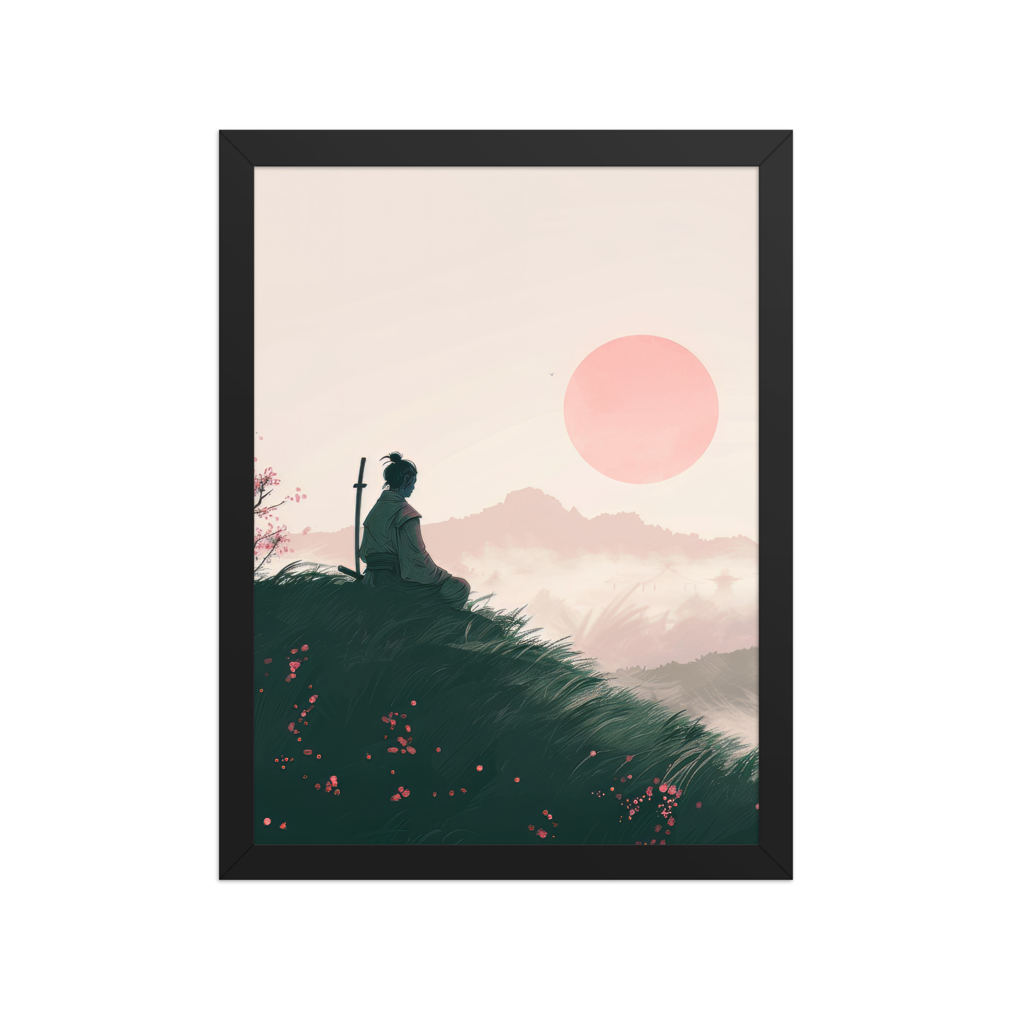 Samurai at Dawn – Pink Sun Over Hills Quiet Strength at Daybreak Wall Decor – Framed Poster - Image 4