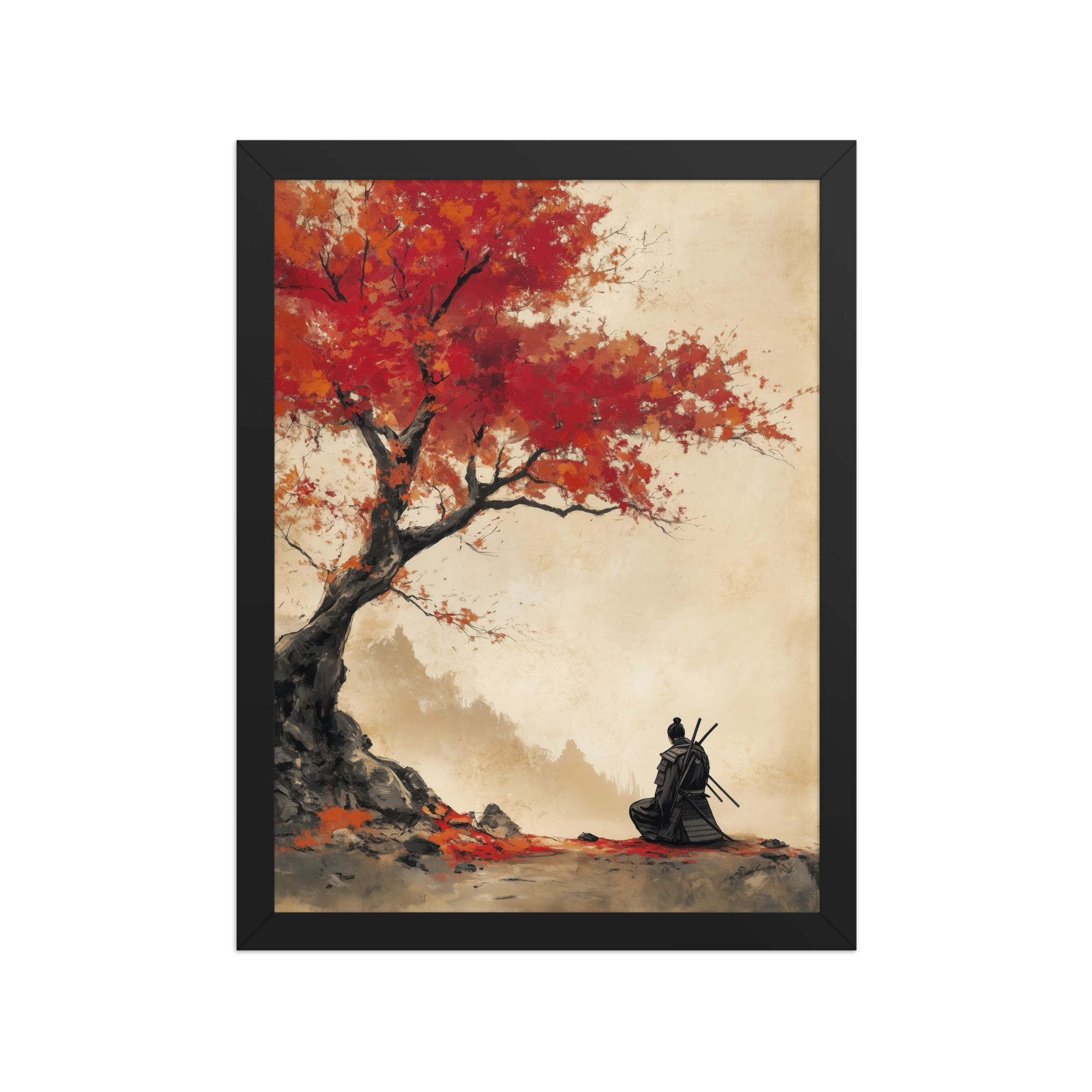 Autumn Warrior – Samurai Beneath Crimson Maple Leaves Wall Decor – Framed Poster - Image 3