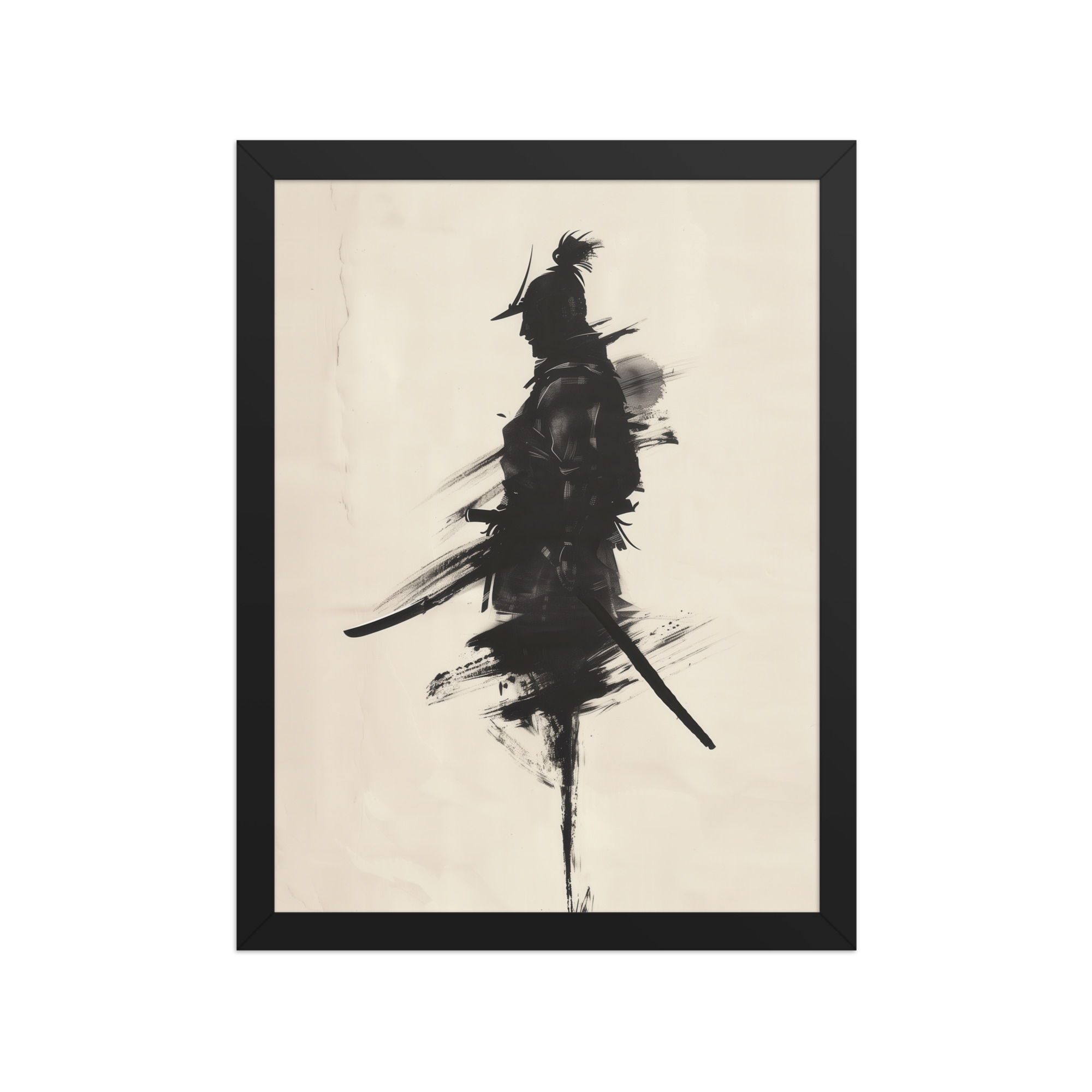 Shadowed Warrior – Sumi-e Silhouette of a Lone Samurai Wall Decor – Framed Poster - Image 4