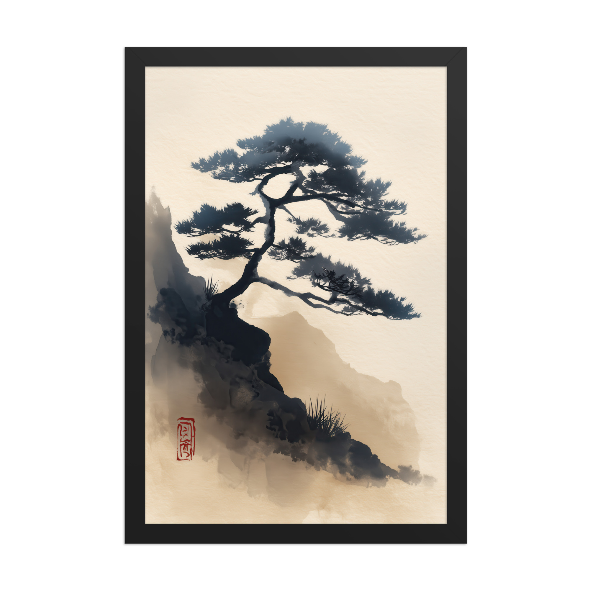 Mountain Pine in Soft Ink — Sumi-e Japanese Landscape Wall Decor — Framed Poster - Image 4