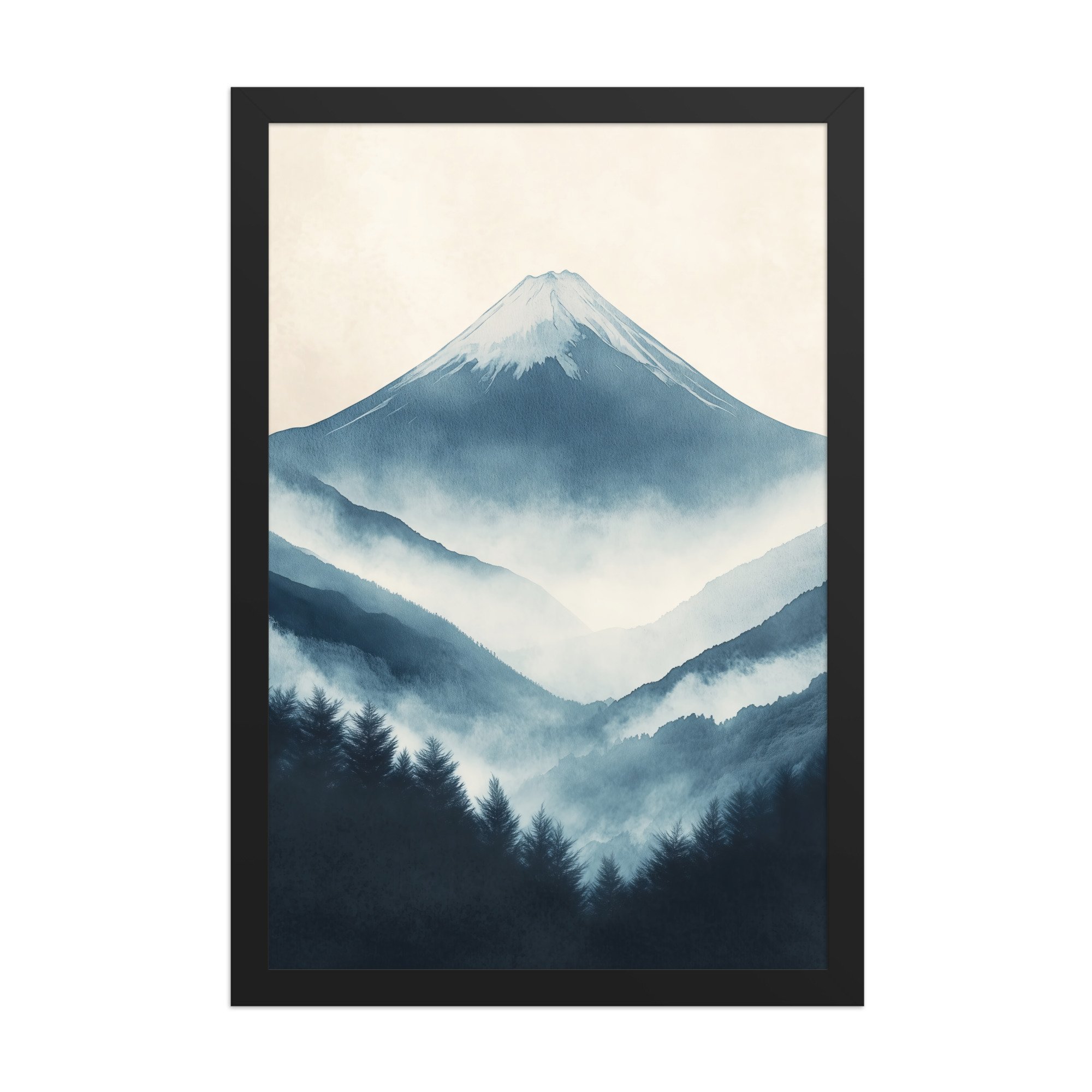 Misty Peaks — Indigo Japandi Mountain Wall Art — Framed Poster - Image 4