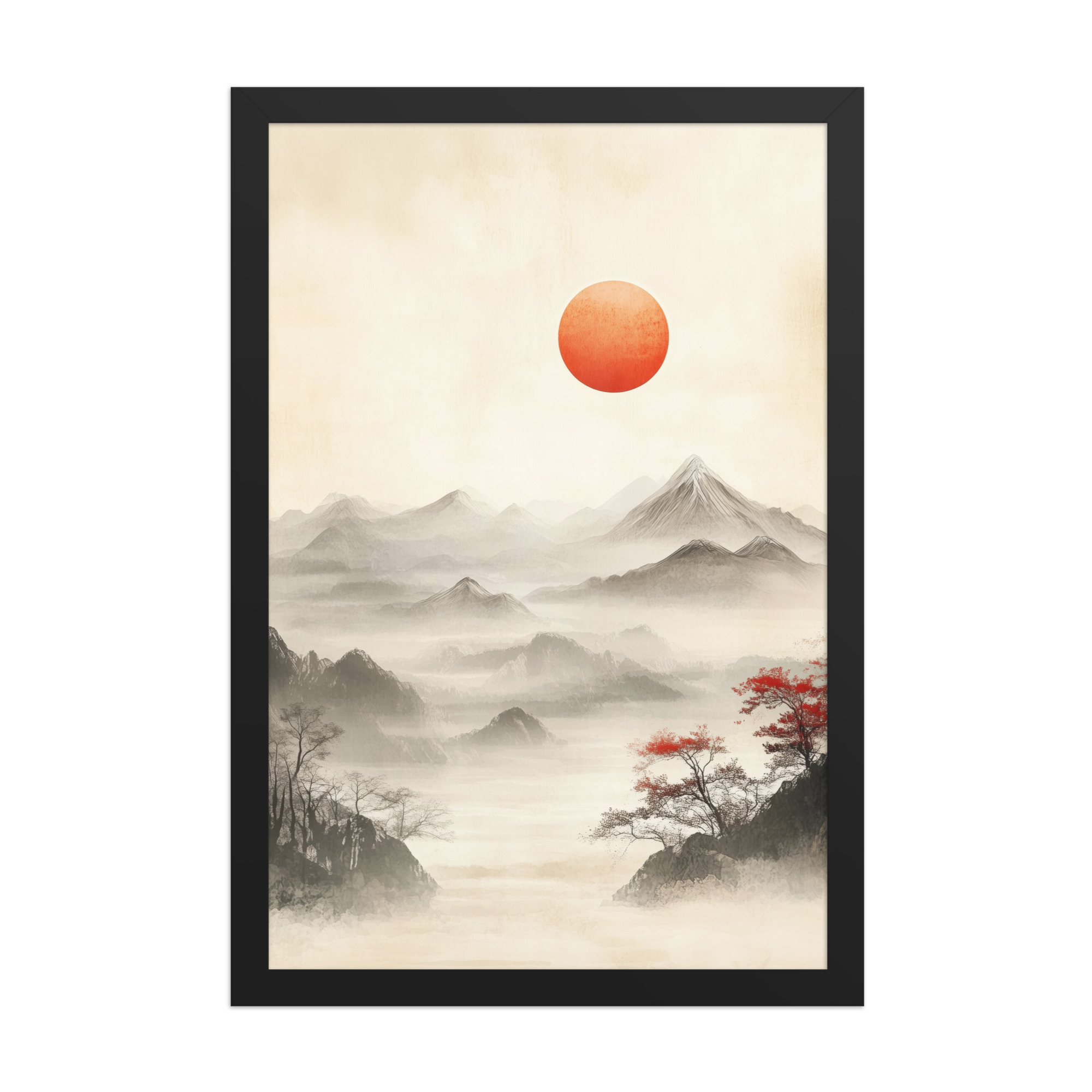 Red Sun Over Silent Peaks — Misty Ink Mountain Landscape Wall Art — Framed Poster - Image 4