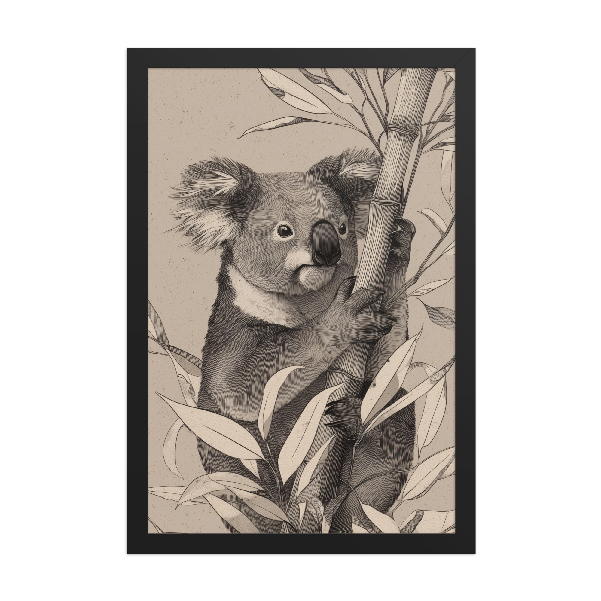Koala Bamboo II — Detailed Koala Illustration with Bamboo Leaves Wall Decor — Framed Poster - Image 4