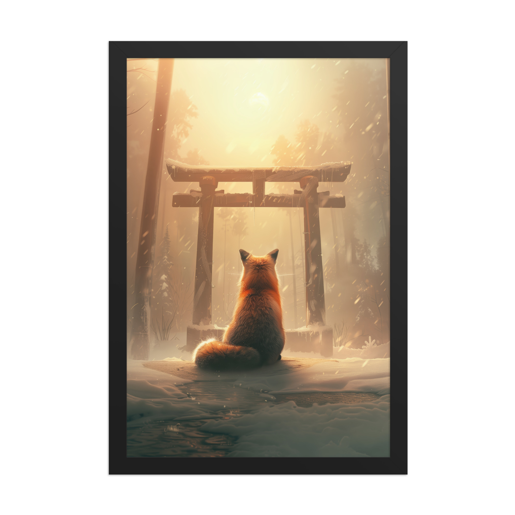 Fox Spirit at Torii — Cinematic Fox in Snowy Shrine Light Wall Decor — Framed Poster - Image 5