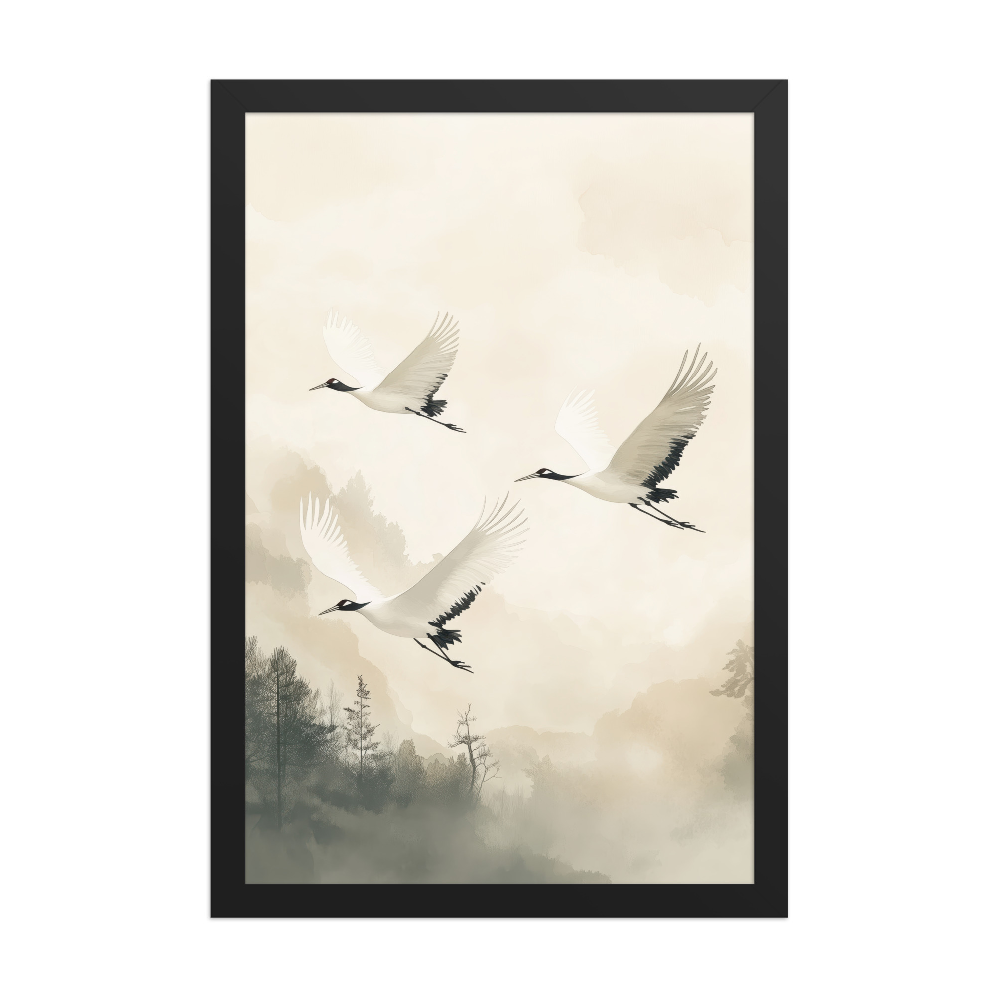 Cranes of Serenity — Misty Forest Flight Bird Wall Art — Framed Poster - Image 4