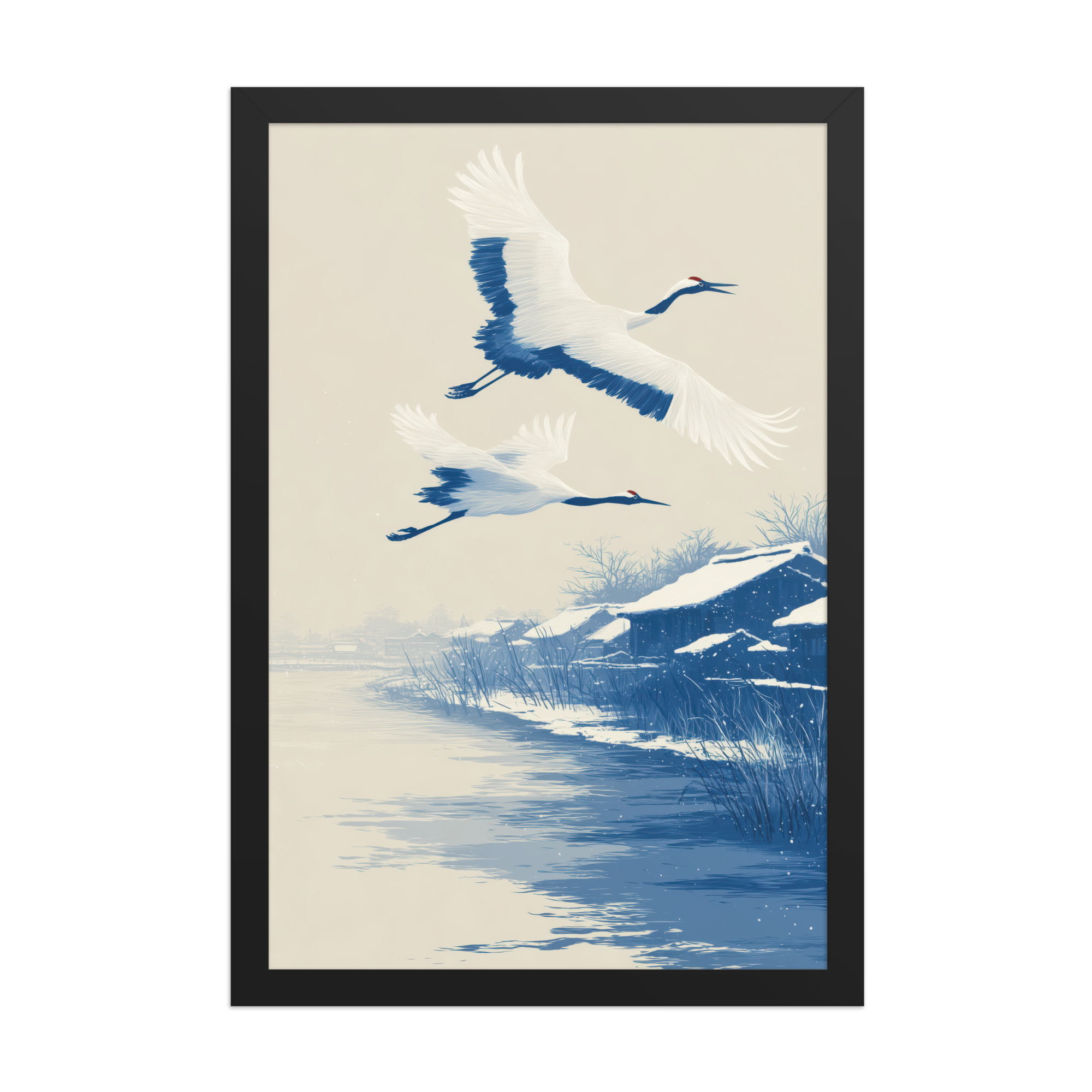 Cranes in Winter Sky — Ukiyo-e Birds over Snowy River Village Wall Art — Framed Poster - Image 3