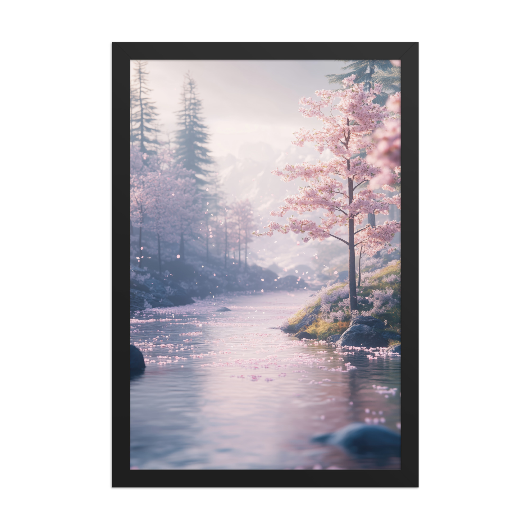 Nordic River Flow — Cherry Blossom Landscape Wall Decor — Framed Poster - Image 4