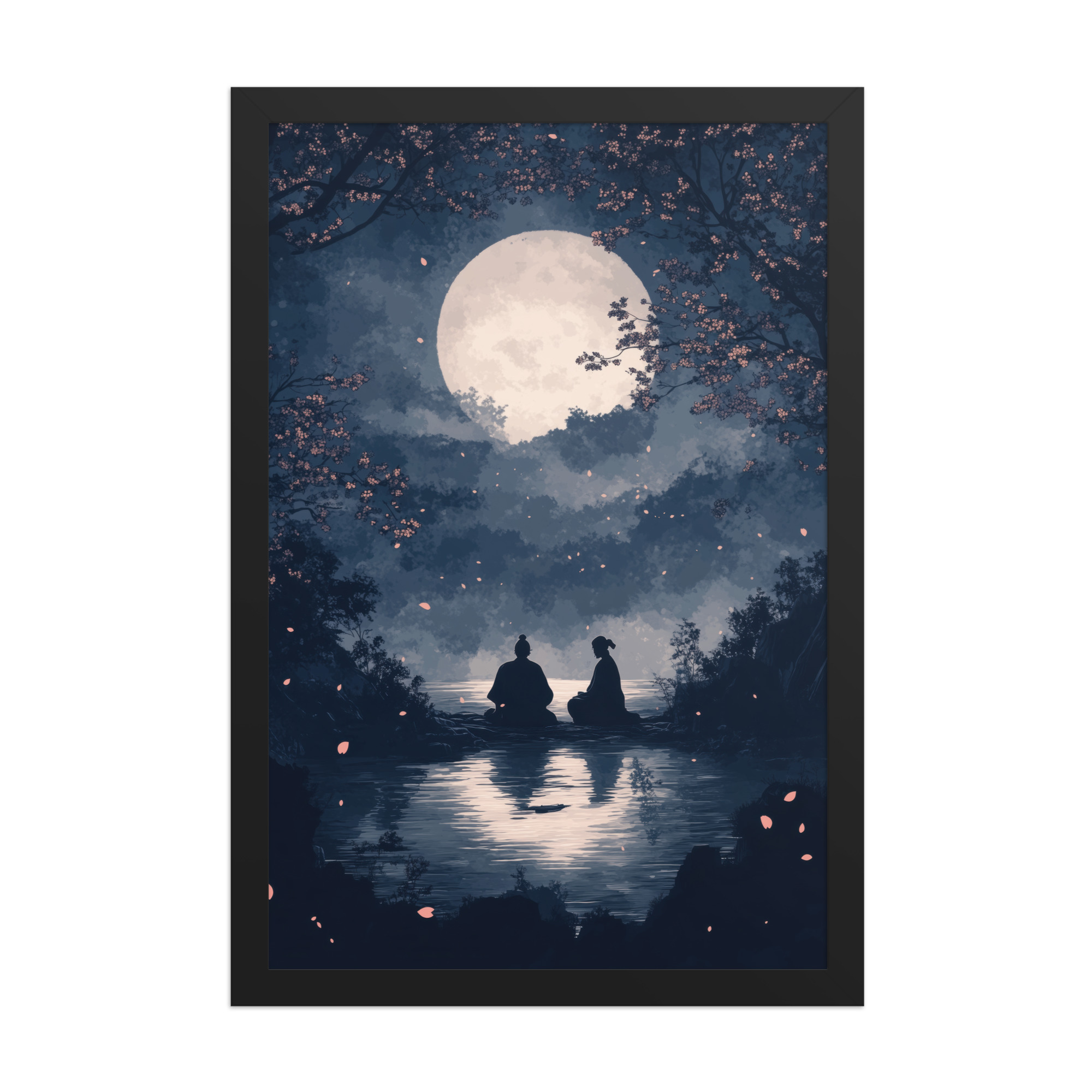 Midnight Reflections — Moonlit Lake Sakura Wall Art — Framed Poster - Image 4