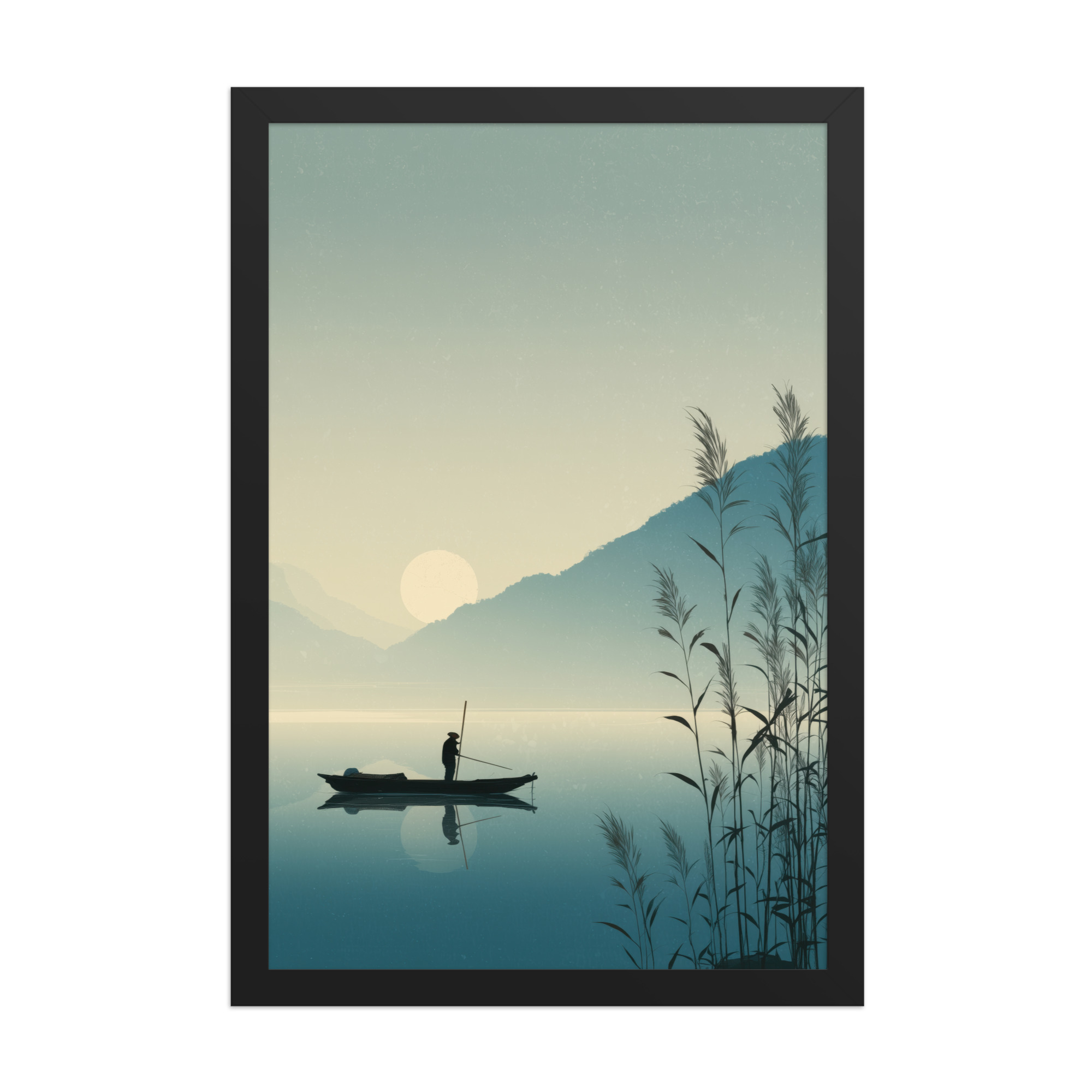 Twilight Fisherman — Zen Lake Landscape Wall Art — Framed Poster - Image 2
