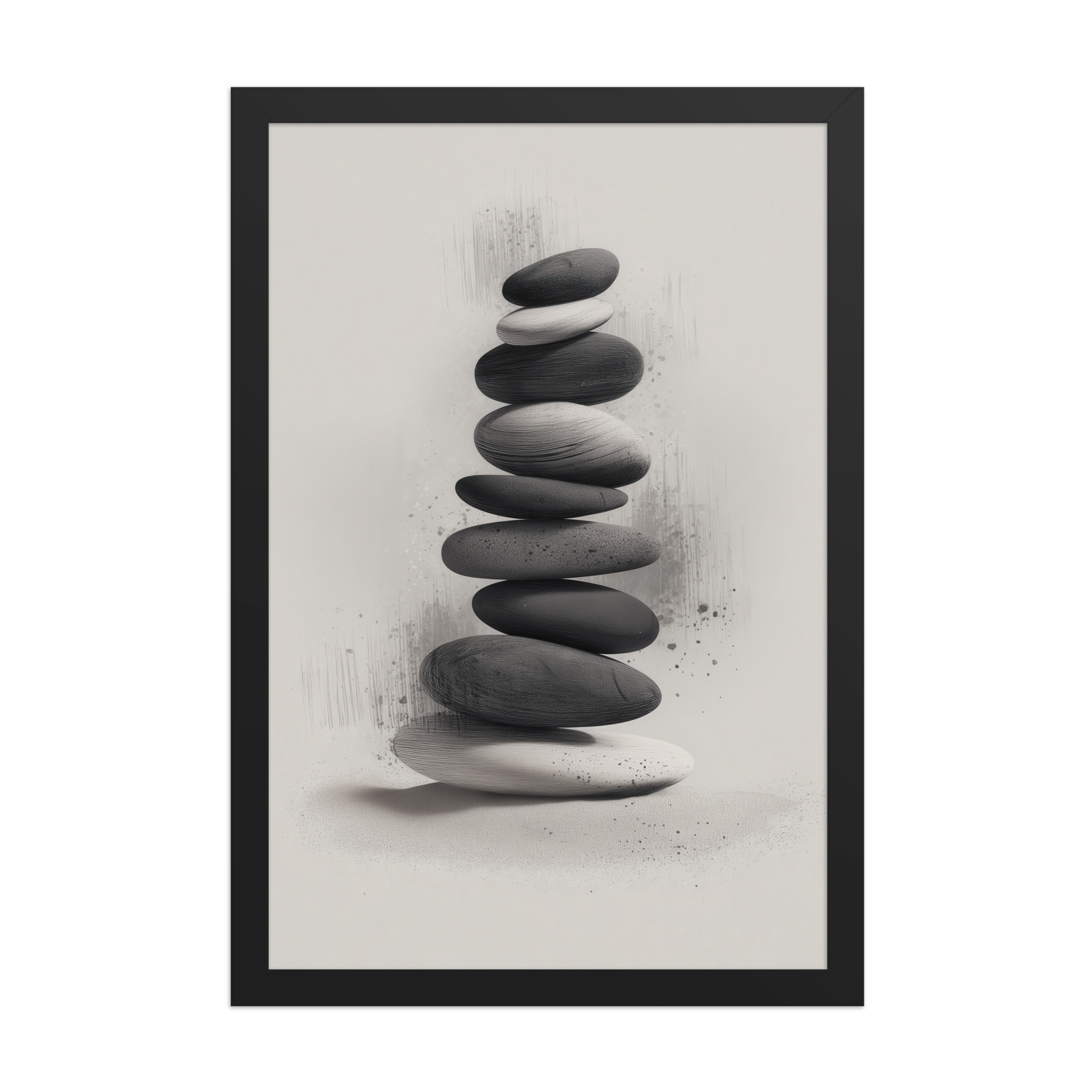 Balanced Stillness – Stacked Stones II Modern Monochrome Zen Wall Art – Framed Poster - Image 5