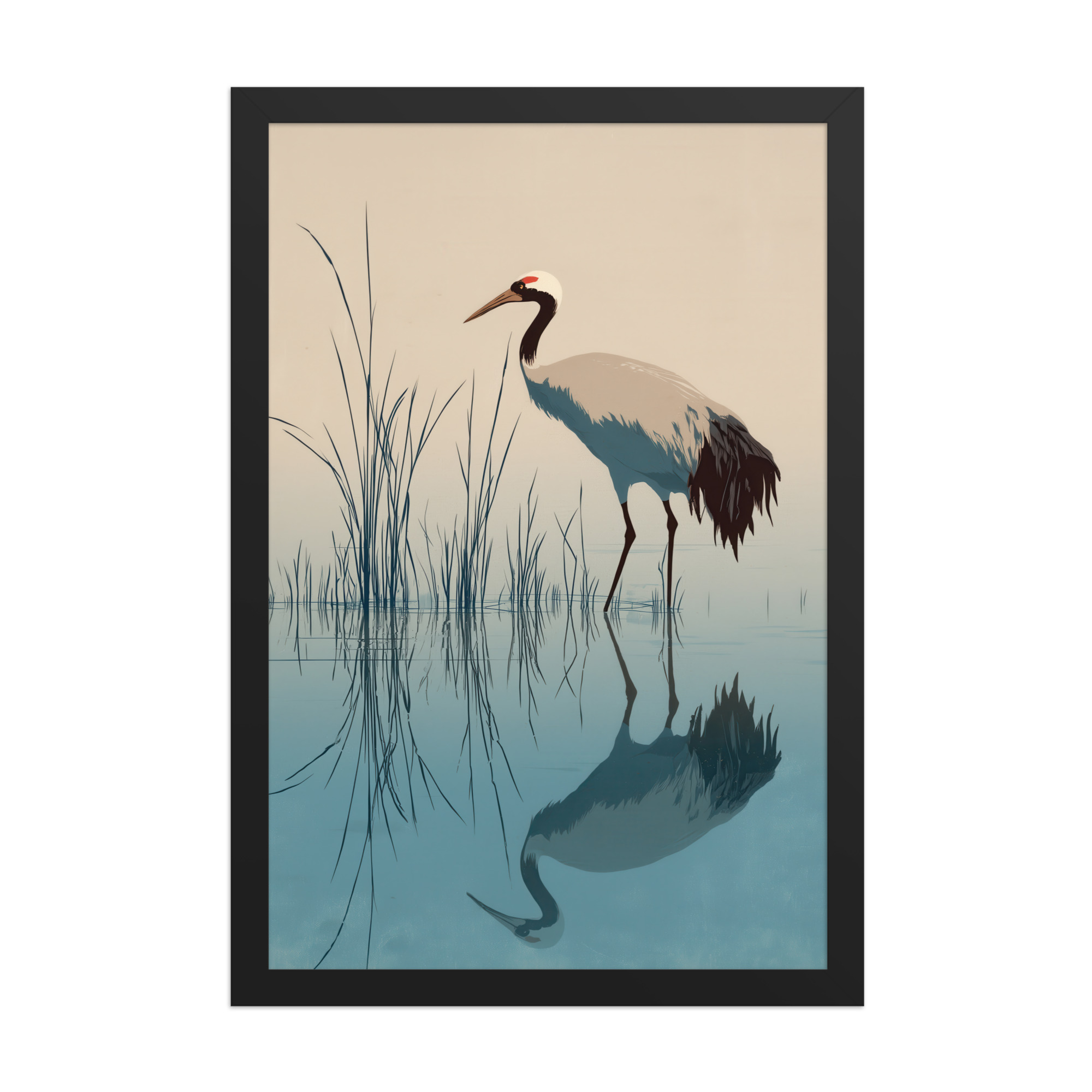Crane and Reflection Stillness – Minimal Ukiyo-e Bird Wall Art – Framed Poster - Image 5