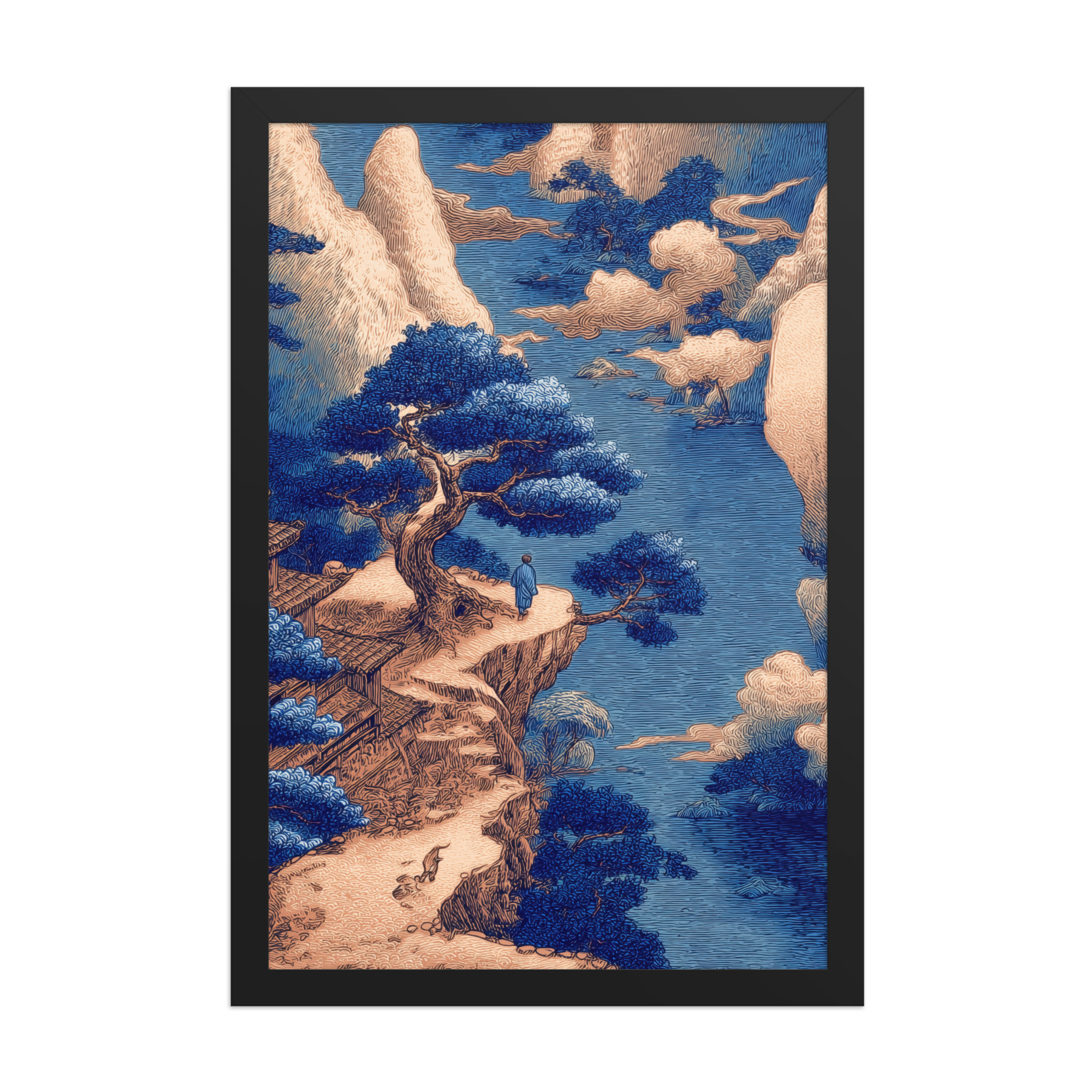 Cliffside Temple View – Blue Ukiyo-e Landscape Wall Art – Framed Poster - Image 5