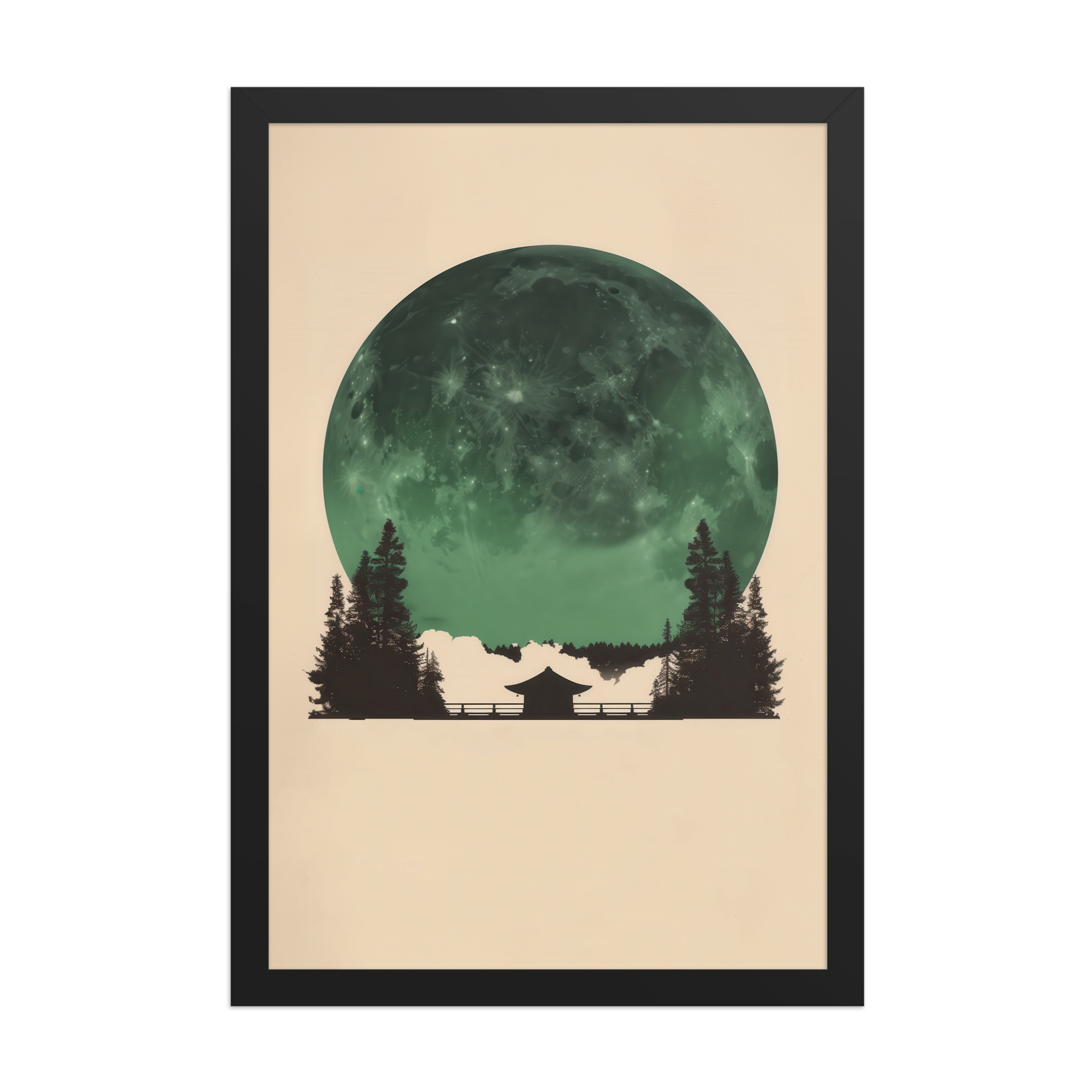 Emerald Moon Temple — Japandi Silhouette Wall Art — Framed Poster - Image 5